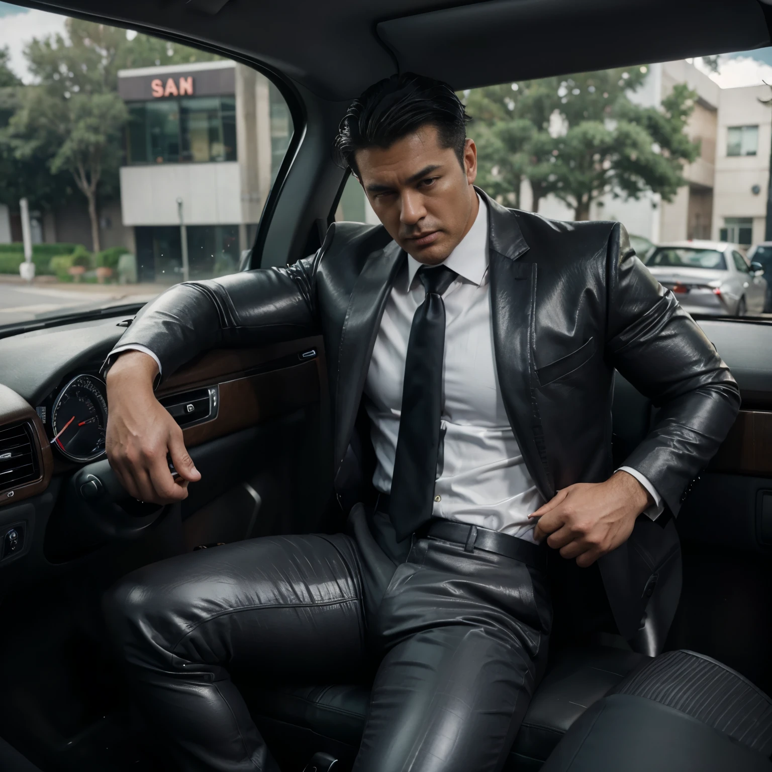 30 years old,daddy,"shiny suit",wear white shirt, very glossy pants, necktie, waistcoat, shiny satin trousers,dark gray satin fabric ,Dad sit in car,  k hd,in the office,"big muscle" ,black hair,asia face,masculine,strong man,the boss is,handsome,,leather gloves,lecherous dad,look straight ahead,dad is handsome,dad is handsome, dad is "big horny daddy"