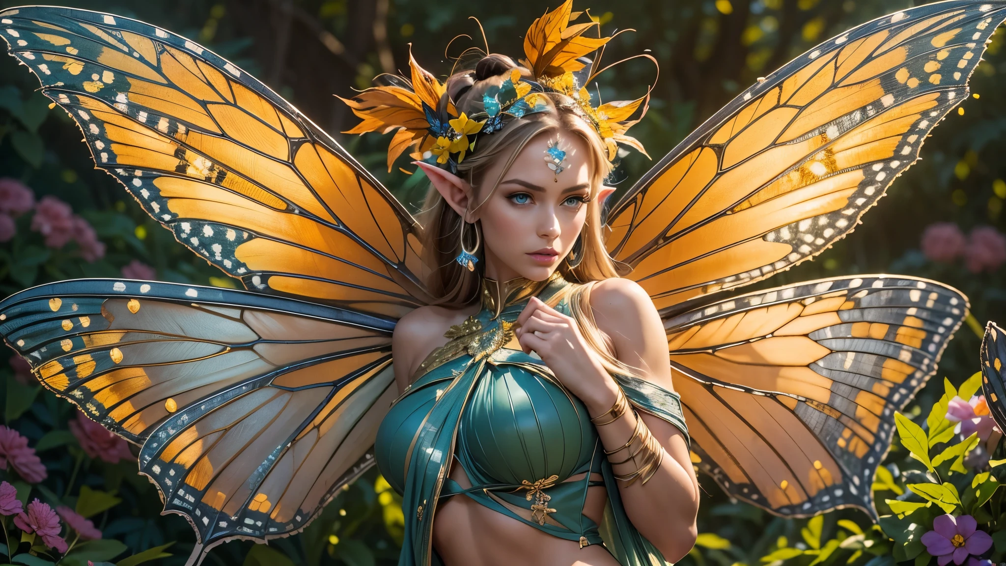 Beautiful faerie woman, elf ear, flying, massive monarch butterfly wings between shoulder blades, glowing blue eyes, detailed proportional hands, proportional body, firm breast, frank Frazzetta painting style, (Best Quality:1.4), (Ultra-detailed), (extremely detailed CG unified 8k wallpaper), Highly detailed, RAW Photos, Professional Photography, plein air, Illumination, (Super fancy photos:1.4), (Dazzling light), Radiant Photography, depth of fields