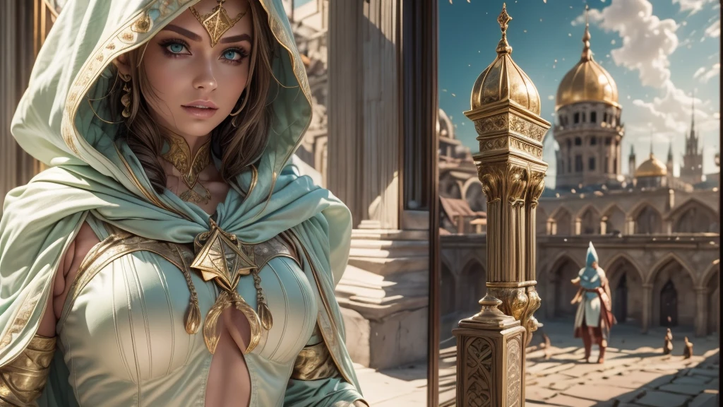 A full-body shot of Princess Zelda, brown hair, blue eyes, dressed as an Assassin from Assassins Creed, in white+gold witha white mask and hood with gold details, XL bust, using a wrist blade. Background: A city during the renaissance period. Unreal Engine 5, frank frazzetta style painting, Masterpiece, Well drawn eyes, well drawn face, well detailed eyes, well detailed face, 8k, light and shadow effect.  