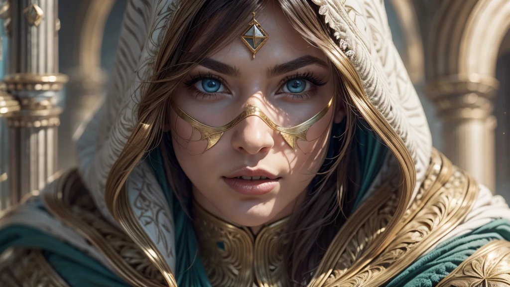 A full-body shot of Princess Zelda, brown hair, blue eyes, dressed as an Assassin from Assassins Creed, in white+gold witha white mask and hood with gold details, XL bust, using a wrist blade. Background: A city during the renaissance period. Unreal Engine 5, frank frazzetta style painting, Masterpiece, Well drawn eyes, well drawn face, well detailed eyes, well detailed face, 8k, light and shadow effect.  