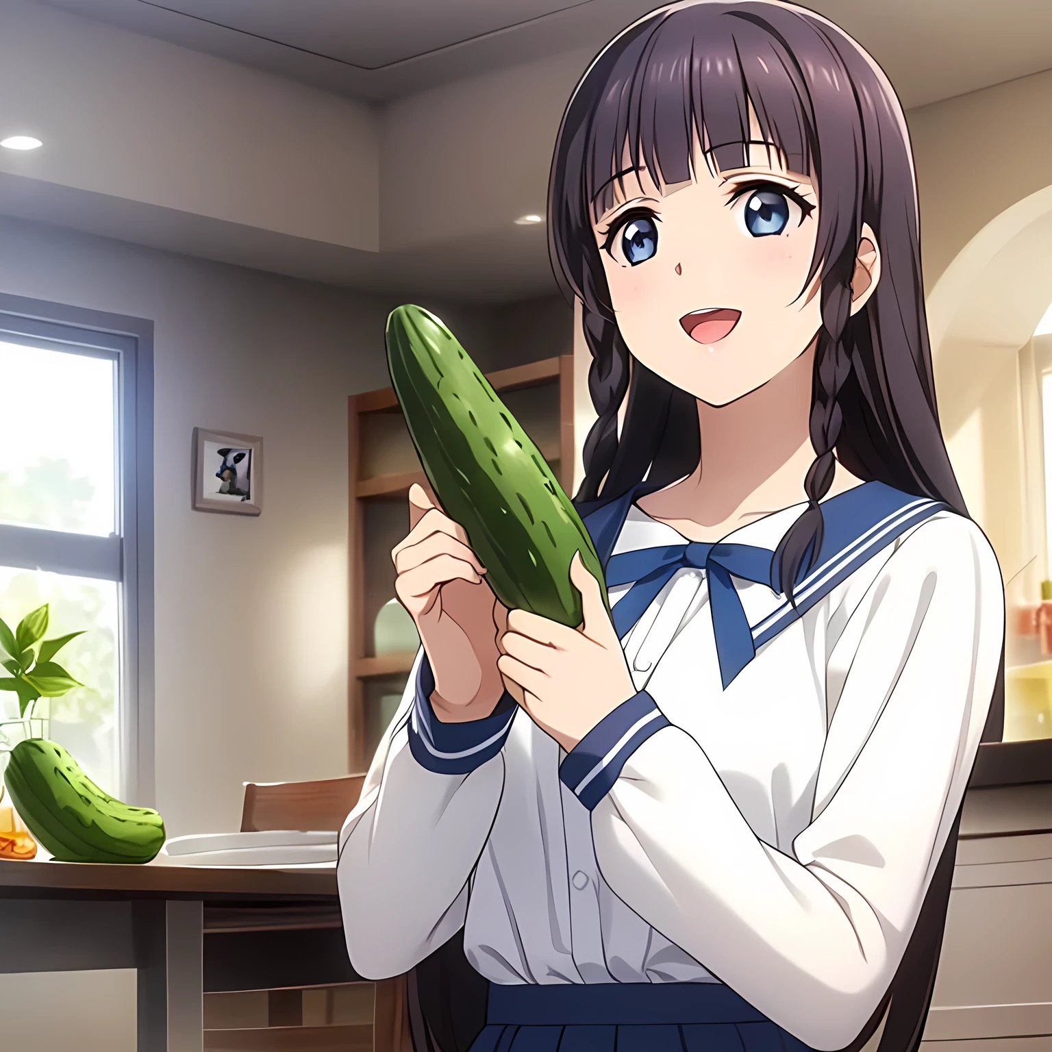 (highest quality, masterpiece:1.2), highest quality, High resolution, 1080p, 8K, Game heroine CG, Height: 158cm, ((A beautiful game heroine is eating a delicious cucumber)), I really like cucumbers, A face that everyone loves, Glossy lips, Even bangs, Double, Long eyelashes on both the top and bottom, Smiling blue eyes, The very large and thick yellow ribbon bowtie is very cute., ((Black Hair)), Beautiful, shiny, long braids, ((A long, neat, dark navy pleated skirt)), (((A long-sleeved navy blue sailor uniform for winter, all dark blue in color))), ((Navy blue jacket)), Smiling, slightly open mouth like a game heroine, Ribbon in hair, Tight waist, The background is a blank white space, ((Blur the background))