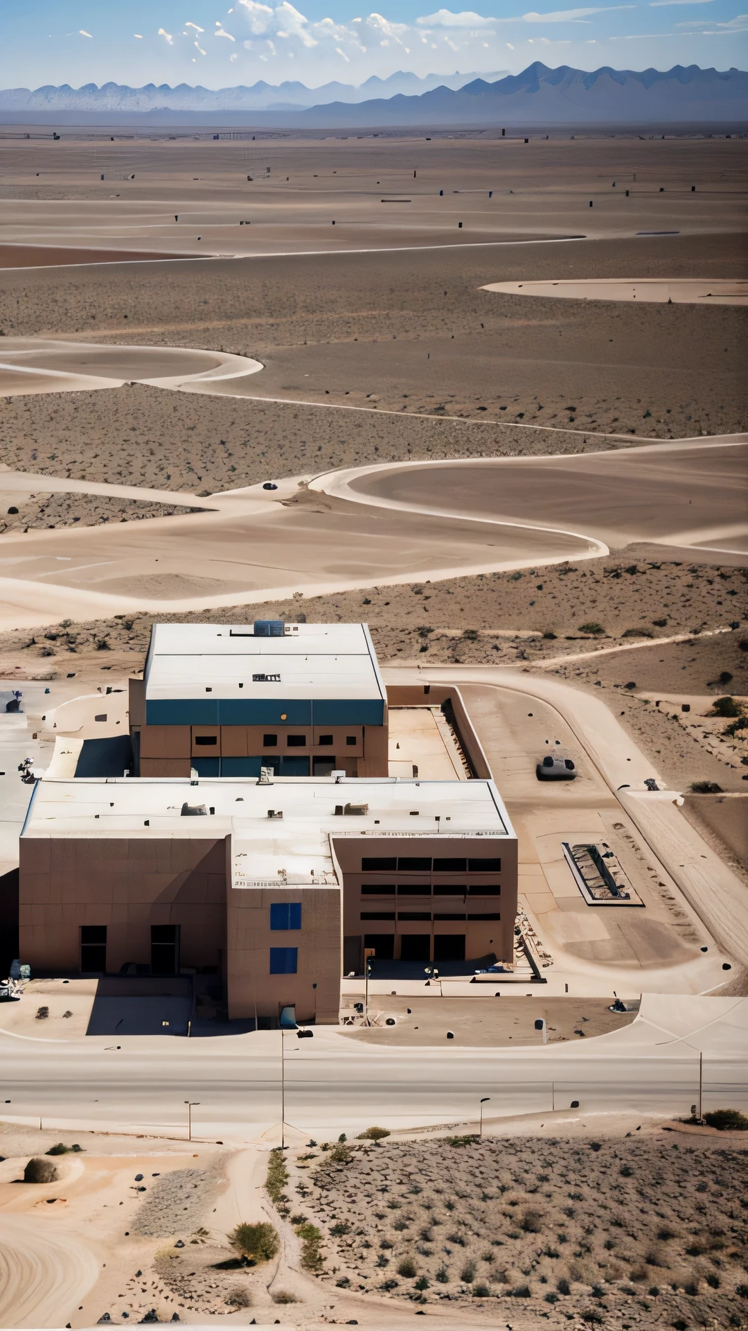 En la imagen satelital, A secret facility is observed in the middle of a vast desert. The facility is made up of several scattered buildings, conectados por caminos de tierra. A security perimeter with wire fences surrounds the entire base. En el centro, un gran edificio rectangular, posiblemente el centro de comando, stands out for its size. Alrededor, hay hangares y almacenes parcialmente camuflados por la arena. Una pista de aterrizaje corta y discreta se extiende al sur. Few vehicles are visible, and the infrastructure is carefully integrated with the environment to avoid detection.