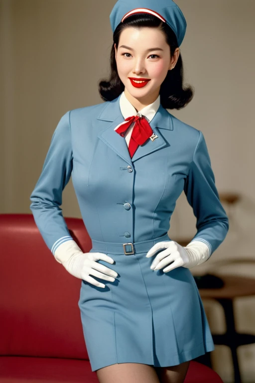Seoul, 1952, 1 korean girl, best quality,masterpiece,highly detailed,ultra-detailed, big breasts, strikingly beautiful, delicate facial features, porcelain skin, expressive eyes, black hair, red lips, erotic pose, Stewardess, light blue uniform, garrison cap, white gloves, pantyhose,((awe and joy expression)), ((Stewardess uniform from the 1950s))