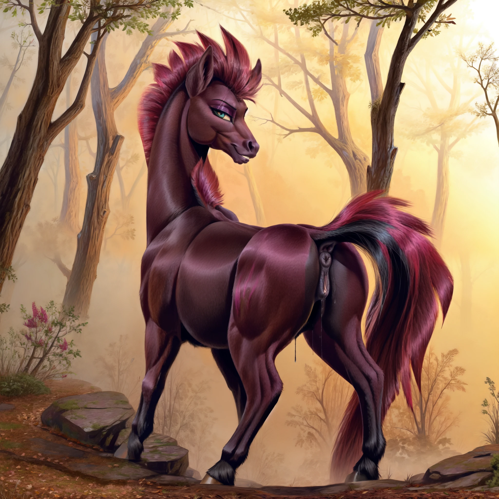 feral horse, Tempest Shadow, horse pussy, pussy juice, in the forest, foggy, smirk, seductive