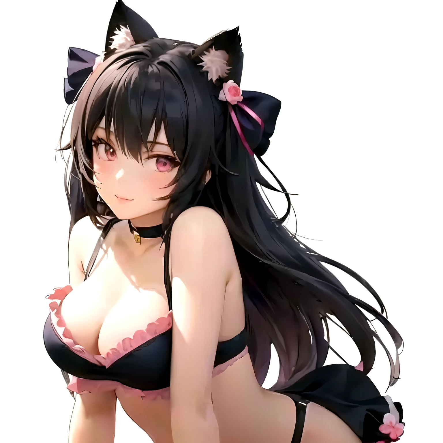 Woman taking a photo wearing black and pink lingerie, Enchanting anime girl, Charming cat girl, render of a cute 3d anime girl, Cat ears anime girl, Beautiful anime cat girl, Anime Moe Art Style, Gweitz, Very Beautiful Anime Cat Girl, Fine details. Girls' Frontline, Photorealistic anime girl rendering, 3d anime girl