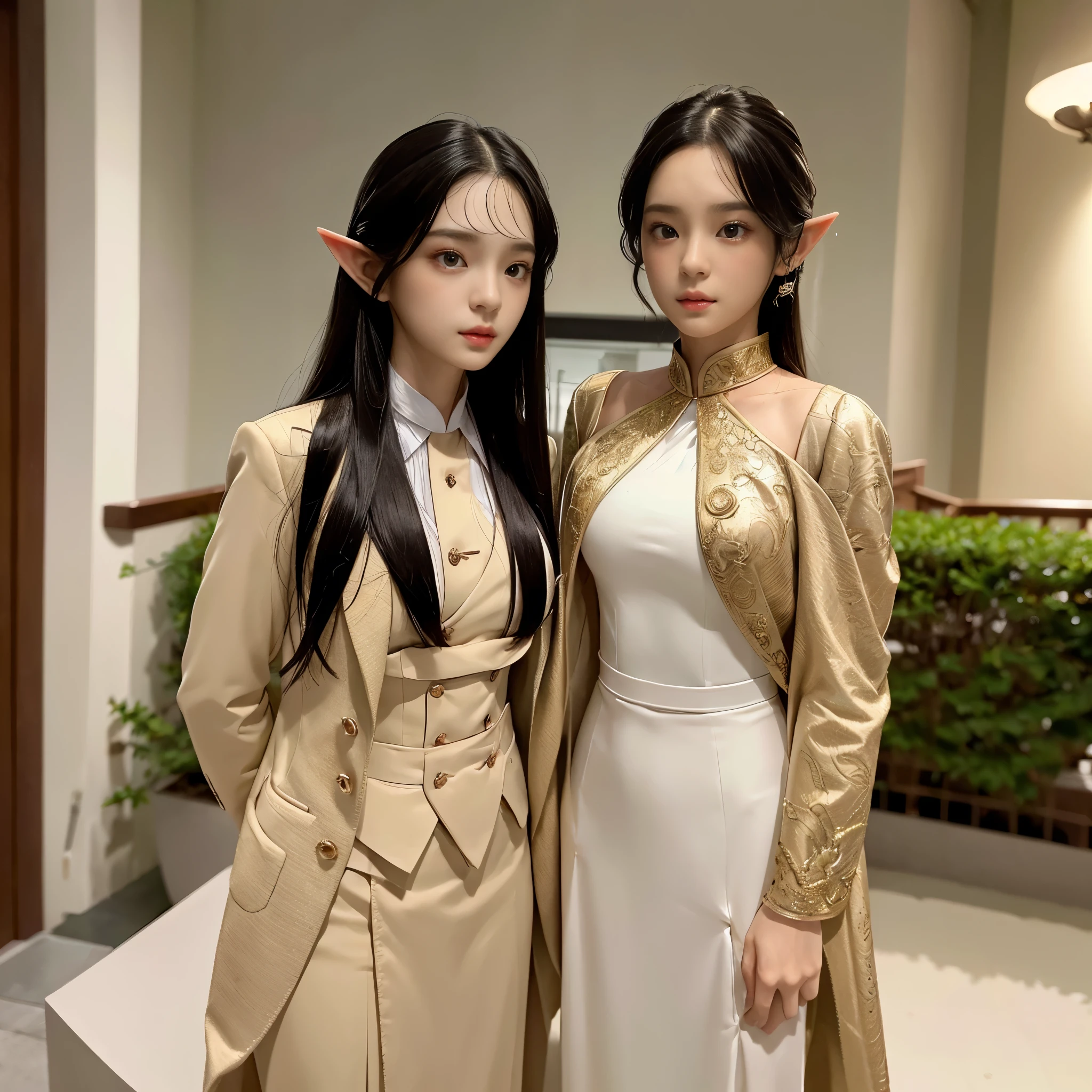 Elf, Formal Suits
(Masterpiece: 1.3), (8K, Photorealistic, High-Quality: 1.4), Elf, (Cherprang BNK face), (Noble hairstyle), Realistic Elfin eyes, Detailed Elfin features, High resolution, Ultra-realistic, High detailing, Golden ratio, (Detailed Face: 1.2), (Enthralling to behold), (Masterpiece), (Best Quality), (Ultra-detailed, Finely detailed), High resolution, Composition of the whole body, High collar formal suits, Natural Color Lip, (Photorealistic, Realistic, Independent