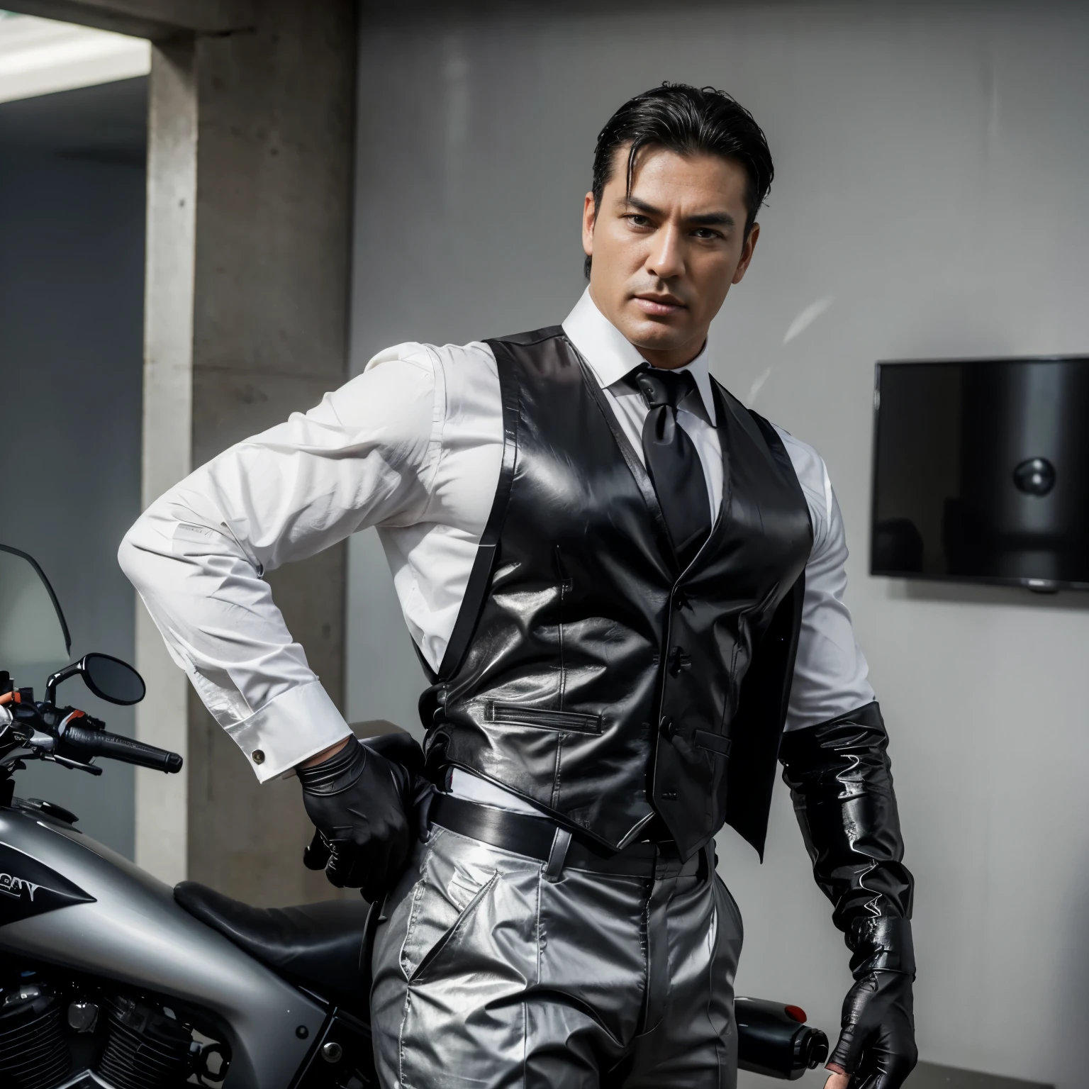 30 years old,daddy,"shiny suit",wear white shirt, very glossy pants, necktie, waistcoat, shiny satin trousers,dark gray satin fabric ,Dad driving a motobike,  k hd,in the office,"big muscle" ,black hair,asia face,masculine,strong man,the boss is,handsome,,leather gloves,lecherous dad,look straight ahead,dad is handsome,dad is handsome, dad is "big horny daddy"