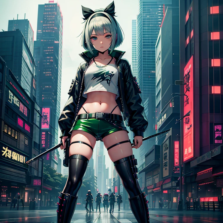 1 girl, solo, Youmu Konpaku, touhou, masterpiece, silver hair, bob cut, short hair, black headband, blue eyes, alternate costume, green bomber jacket,  leather shorts, green skirt, cyber katana, punk boots, cyberpunk art style, cyberpunk cityscape, wide shot