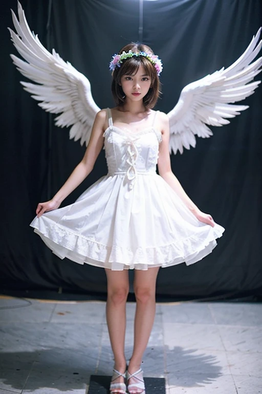 A beautiful girl wearing a white mini dress with wings、Puru によるMarble sculpture、whole body、Deviantart Contest Winner、Gothic アート、Made of feathers、Gothic、Marble sculpture