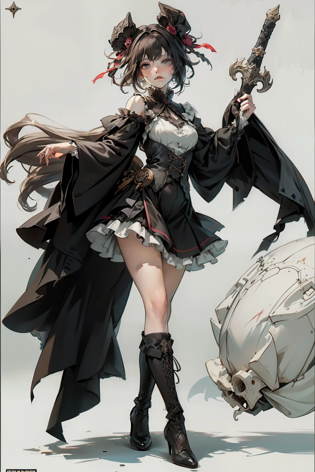 ((best quality)), ((masterpiece)), (detailed), blank white background, plain background, white background, red and white clothing, Bloodborne inspired,  occult aesthetic, occult, detailed and intricate steampunk and detailed gothic, NSFW, Very dramatic and cinematic lighting, cosmic horror, grim-dark, side-lighting, perfect face, NSFW, Fluttering lace flared long knee length dress with frilly petticoats, knee length dress, pleated petticoats, lolita dress, petticoats gothic lolita, complex lace boots, wielding a sword and holding a shield, side-lighting, gothic lolita aesthetic, NSFW, beautiful small breasts, small breasts, full body, whole body, body, plain background, white background, blank background, no background, white background NSFW, full body, whole body, head-to-toe NSFW