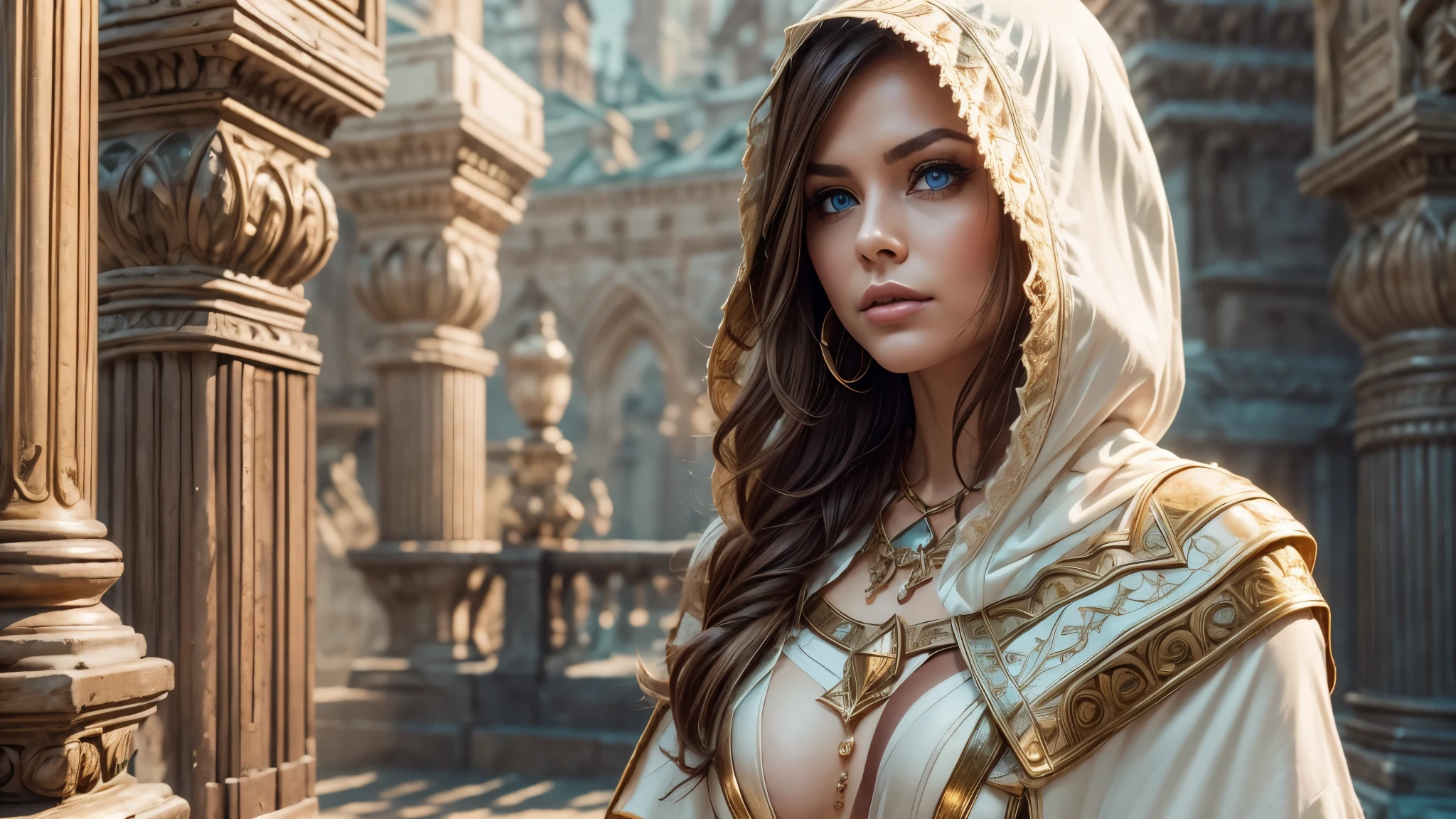 A full-body shot of Princess Zelda, brown hair, blue eyes, dressed as an Assassin from Assassins Creed, in white+gold witha white mask and hood with gold details, XL bust, using a wrist blade. Background: A city during the renaissance period. Unreal Engine 5, frank frazzetta style painting, Masterpiece, Well drawn eyes, well drawn face, well detailed eyes, well detailed face, 8k, light and shadow effect.  