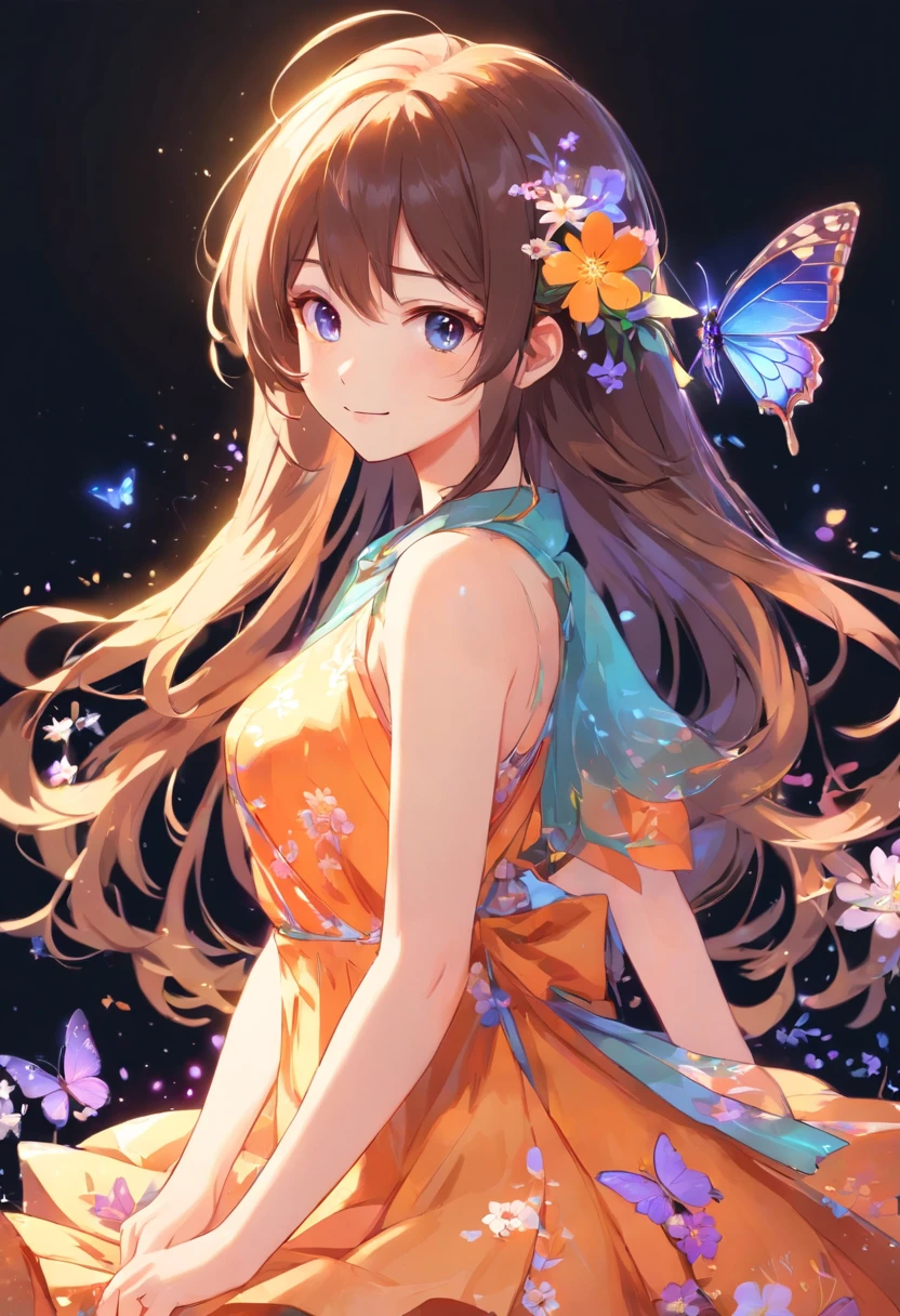 Smile with a dignified face。(extremely detailed CG unity 16k wallpaper:1.1), (Denoising strength: 1.45), (tmasterpiece:1.37), beautiful detailed flower, beautiful detailed eyes, hyper detailed, flower, hyper quality, eyes, flower and hair is same color, beautifuly color, face, {{{{{her hair is becoming flower, flower, hair, flower, butterfly, }}}}}, {{{{1girl}}}}kawaii, {{{high details, high quality}}}, {{{back light}}}, {{hair and clothes is flower}}, {{{upper body}}}, hair with body, webbed dress, upper body, flower leg, flower hands, body with flower, {{ flower with clothes}}, dress with flower, light particles, black background, {{{{Hair with flower}}}}, small breast with flower, big hair with flower, {{floating hair with flower, floating}}1girl, small breast, marbling with hair and clothes, looking at viewer, {{original}}, {{arm down}}, {{paper cutting}}, black background, flower forground, {{hair with flower}}, {{{{{highres}}}}, } hair with flower, hair with flower, hair, wavy hair, diffusion lighting, Butterfly, abstract, god rays, sparkle, glowing light, high quality