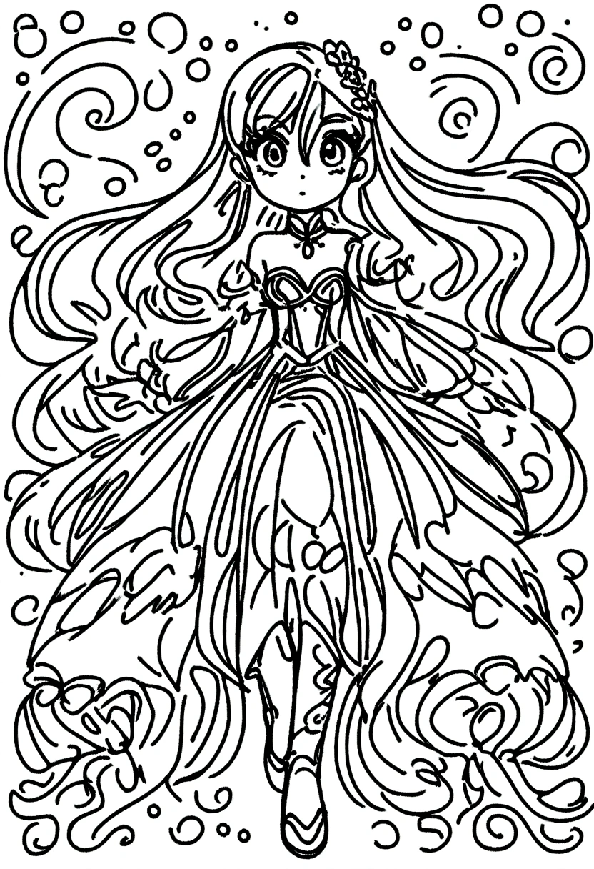 cartoon animated barbie, coloring page for kids, line art, no color, white background