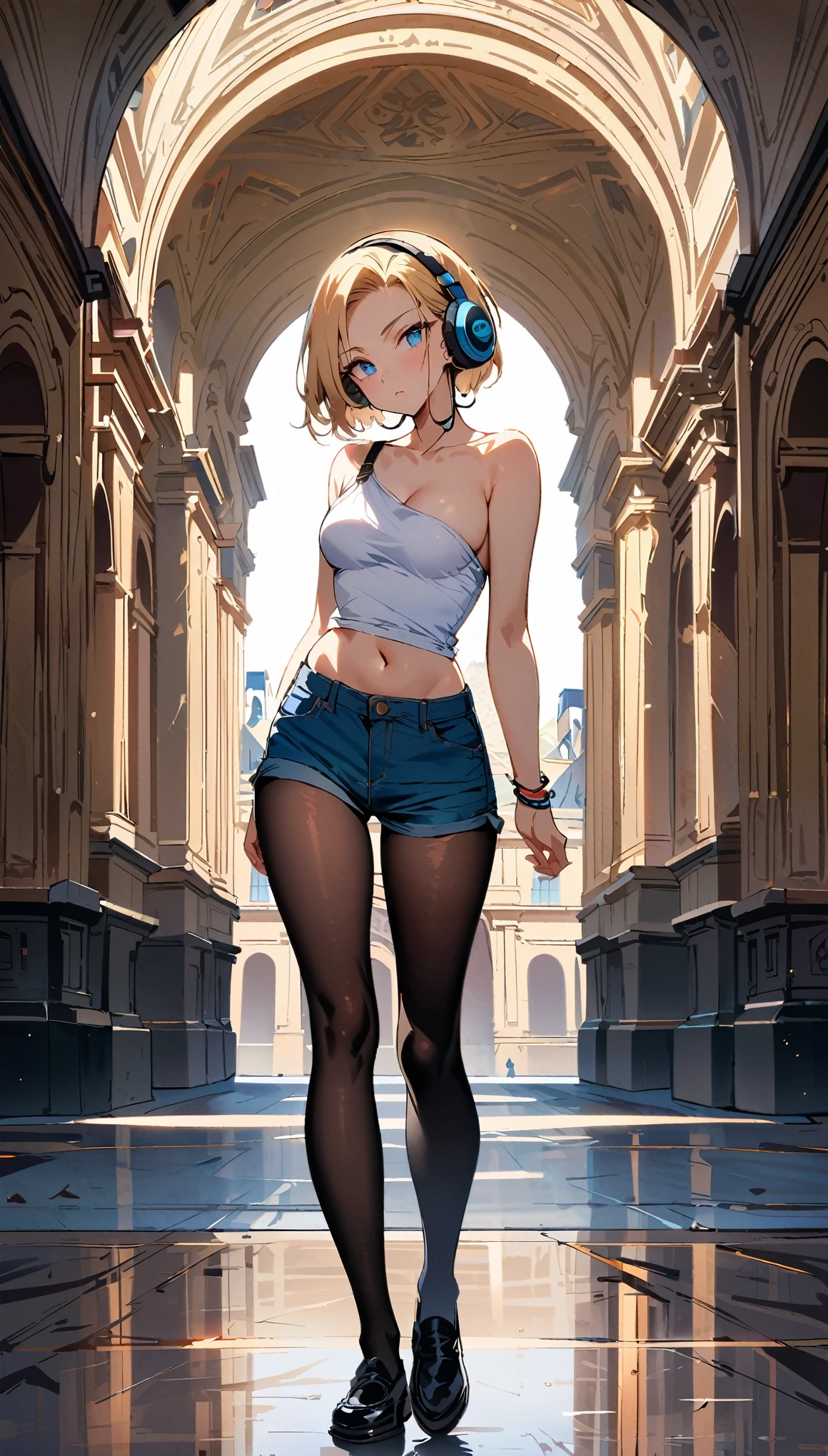 (masterpiece, best quality:1.2), full body shot, from behind, solo, Android 18 from Dragon Ball, collarbone, cleavage, ((slip-on one-shoulder crop top)), (light gray top:1.2), no jacket, midriff-baring, (short shorts), strings of thong underwear slightly visible, small breasts, short blonde hair loose, (blue eyes), (wearing glasses), (plane black cap), earrings on earlobes, headphones around neck, no logo, black thighhighs, black loafers, head tilt, light blush, looking back, arms behind back, slender feminine figure, narrow waistline, skinny body, walking, looking at viewer, the Louvre, the Eiffel Tower, outside, natural lighting and shadows, magnificent view, blur background, 4K