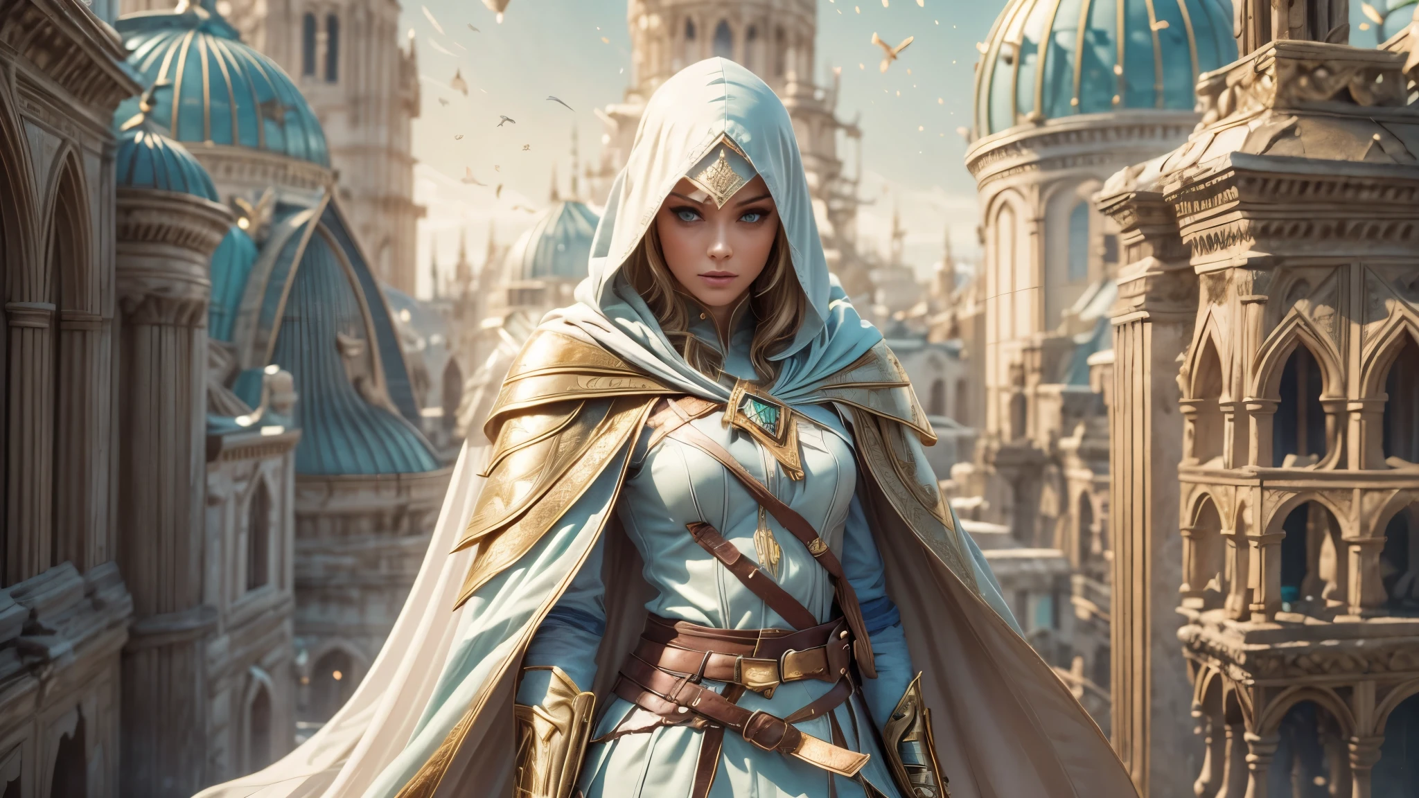 A full-body shot of Princess Zelda, brown hair, blue eyes, dressed as an Assassin from Assassins Creed, in white+gold witha white mask and hood with gold details, XL bust, using a wrist blade. Background: A city during the renaissance period. Unreal Engine 5, frank frazzetta style painting, Masterpiece, Well drawn eyes, well drawn face, well detailed eyes, well detailed face, 8k, light and shadow effect.  