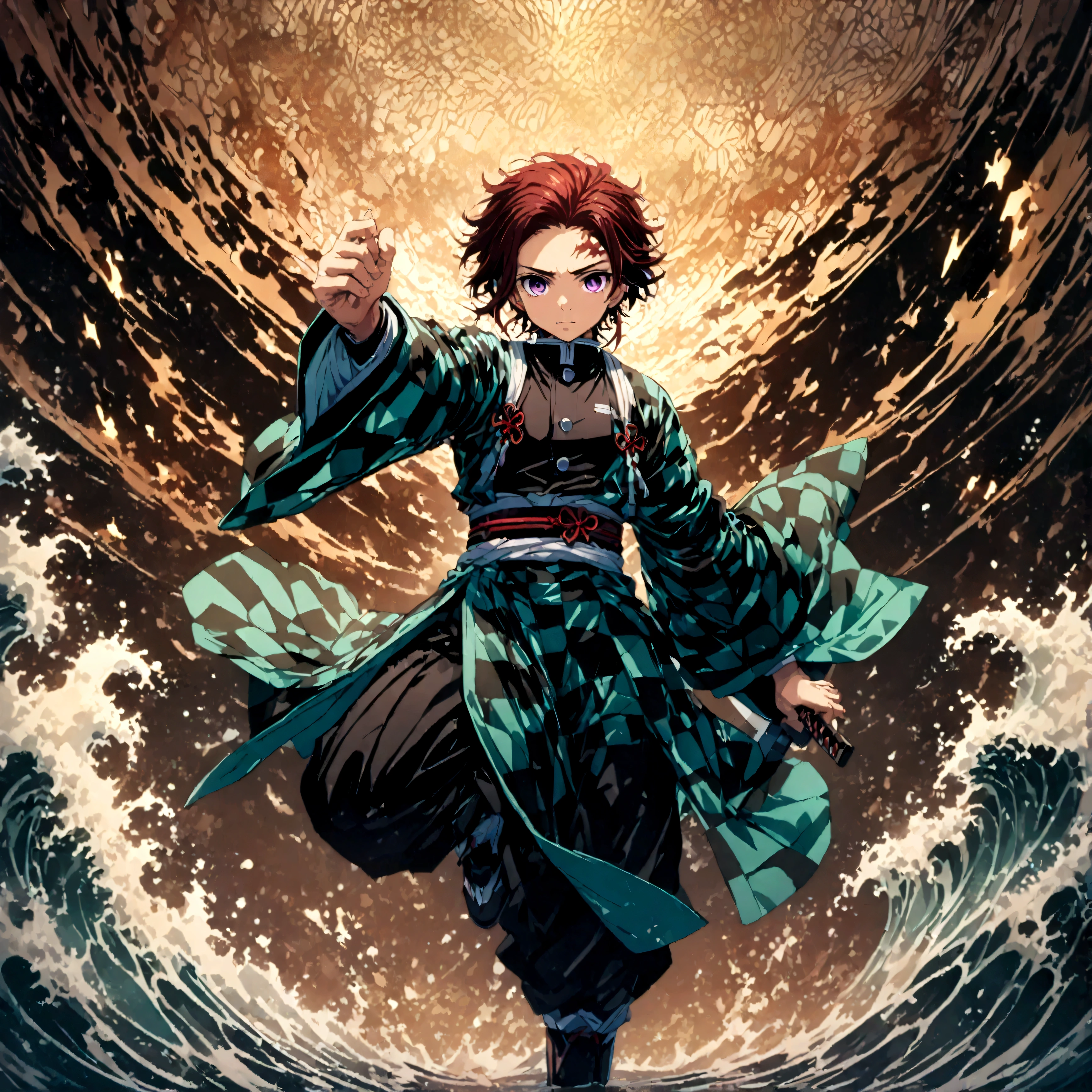 (1 male,tanjiro kamado),Demon slayer,Tanjiro'Costume,Holding a Japanese sword,Water flow effect,Fire effect,Intricate details,spirit,Decadent,artwork,rendering,Dynamic pose,(masterpiece:1.3),(highest quality:1.4),(Very detailed:1.5),High resolution,Very detailed,unity 8k wallpaper,Dark fantasy,,Glare,Fighting Style,Sense of presence,Draw artistic background,(Engraving Japanese-style patterns:water:Wave:流water),Gold Leaf,Glare,Absurd,Zentangle,rendering,Hopeless shape,Looking into the camera,BREAK,Japanese swords are straight, slender, and have a metallic luster.,Please hold the Japanese sword by the handle