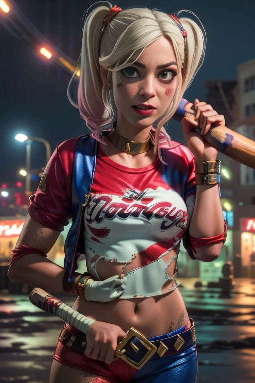 Estilo GTA, tela de carregamento GTA, Arte GTA, Portrait of Harley Quinn in dynamic pose, in O estilo de The Walking Dead , (((baseball bat in hand))), ((crazy facial expression)), garota louca, rindo, noite, altamente detalhado, rosto detalhado, epic, High definition shooting, retrato digital, Lindo, art station, Comic style, ((corpo quente, garota gostosa, sensual, sensual)), Quadrinho, O estilo de The Walking Dead. ((a destroyed city background, fogo, smoke, Explosion)). , corpo inteiro , pernas musculosas e definida