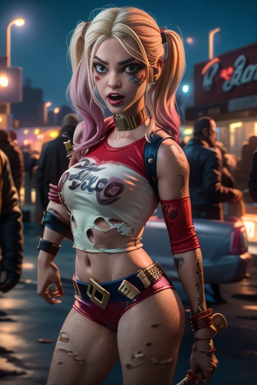 Estilo GTA, tela de carregamento GTA, Arte GTA, Portrait of Harley Quinn in dynamic pose, in O estilo de The Walking Dead , (((baseball bat in hand))), ((crazy facial expression)), garota louca, rindo, noite, altamente detalhado, rosto detalhado, epic, High definition shooting, retrato digital, Lindo, art station, Comic style, ((corpo quente, garota gostosa, sensual, sensual)), Quadrinho, O estilo de The Walking Dead. ((a destroyed city background, fogo, smoke, Explosion)). , corpo inteiro , pernas musculosas e definida