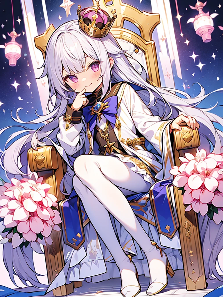 hyper cute shota,Prince of empire,Sailor uniform with lots of jewels,sit on throne,skirt,white pantyhose,smile,
silver-hair with pink-metal-crown,