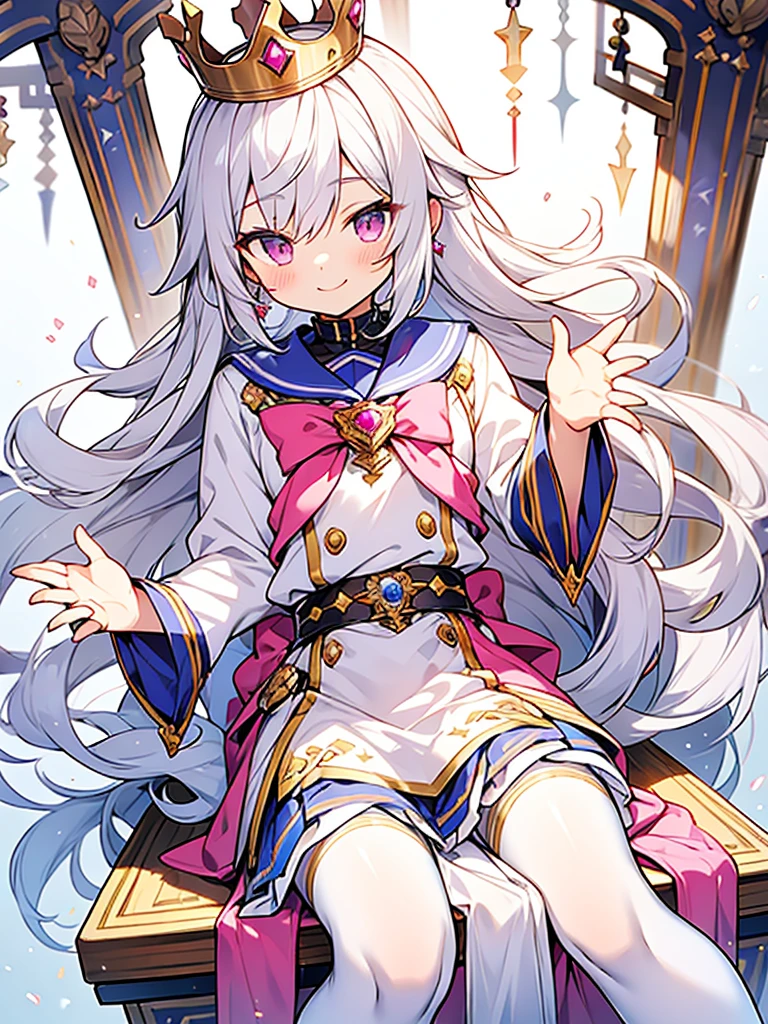 hyper cute shota,Prince of empire,Sailor uniform with lots of jewels,sit on throne,skirt,white pantyhose,smile,
silver-hair with pink-metal-crown,