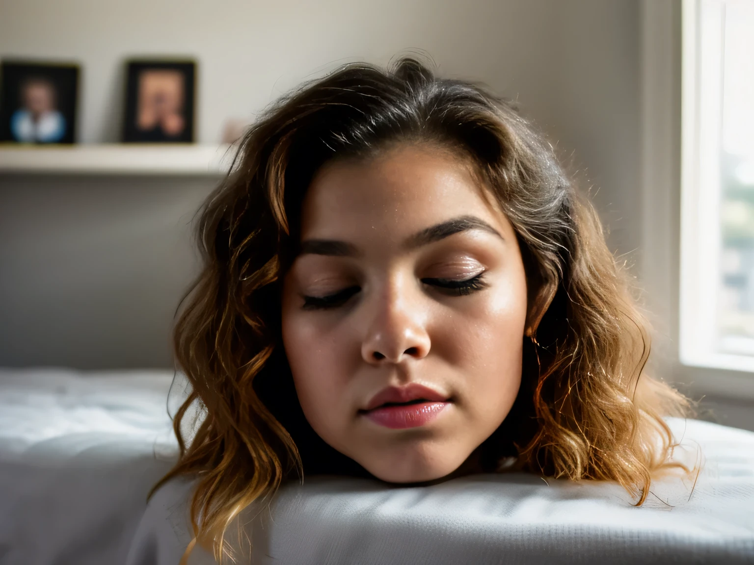 ((disembodied head on bedroom shelf)), young girl, , (masterpiece, photorealistic: 1.4), (very complex), natural light, super high definition, wearing makeup, detailed face details and skin texture, detailed lips, (eyes closed)