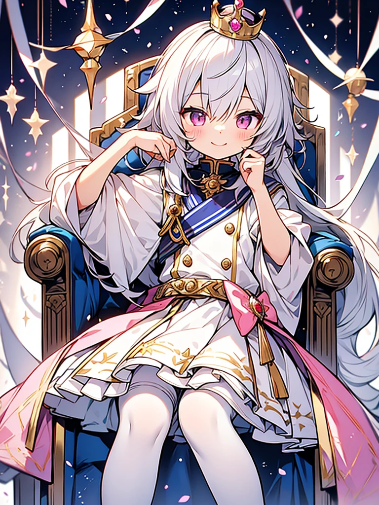 hyper cute shota,Prince of empire,Sailor uniform with lots of jewels,sit on throne,skirt,white pantyhose,smile,
silver-hair with pink-metal-crown,