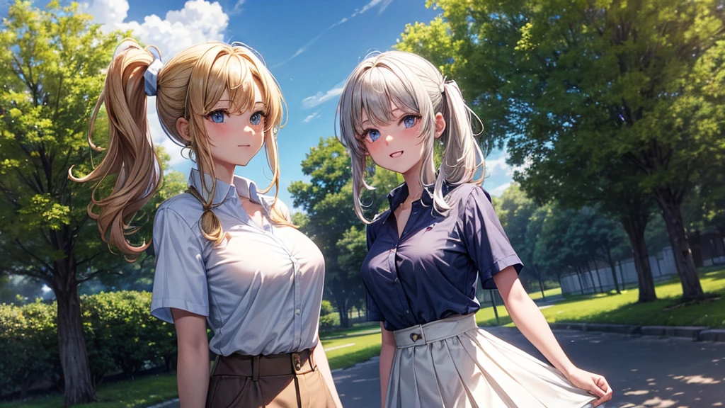 1girl, summer, village, trees, sun, clouds, chestnut hair, side ponytail, large breasts, ((popping shirt buttons)), button down, unbuttoning buttons, dark blue eyes, ((pale blue shirt)), ((unbuttoned shirt)), ((short sleeved shirt)), cleavage 1:3, white skirt, brown shoes, grin, looking at the viewer, standing, hair ribbon, golden necklate