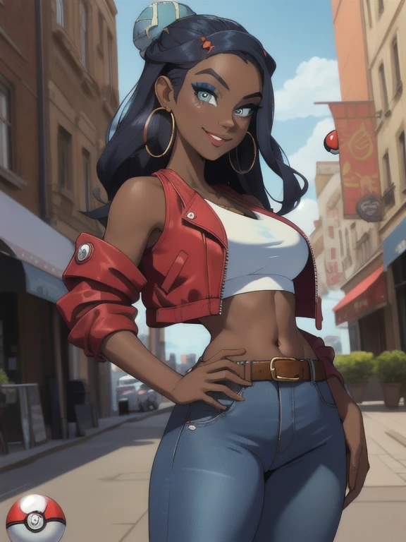 masterpiece, best quality, (Detailed face:1.2), (Detailed eyes:1.2), solo, 1girl, nessacasual, dark skin, makeup, smile, looking at viewer, standing, opened red jacket, white tank-top, ((midriff)), medium breasts, cleavage, tight blue denim pants, belt, hoop earrings, (holding a poke ball:1.3). looking at viewer, looking at the camera with an arrogant smile, standing, outdoors, city street
