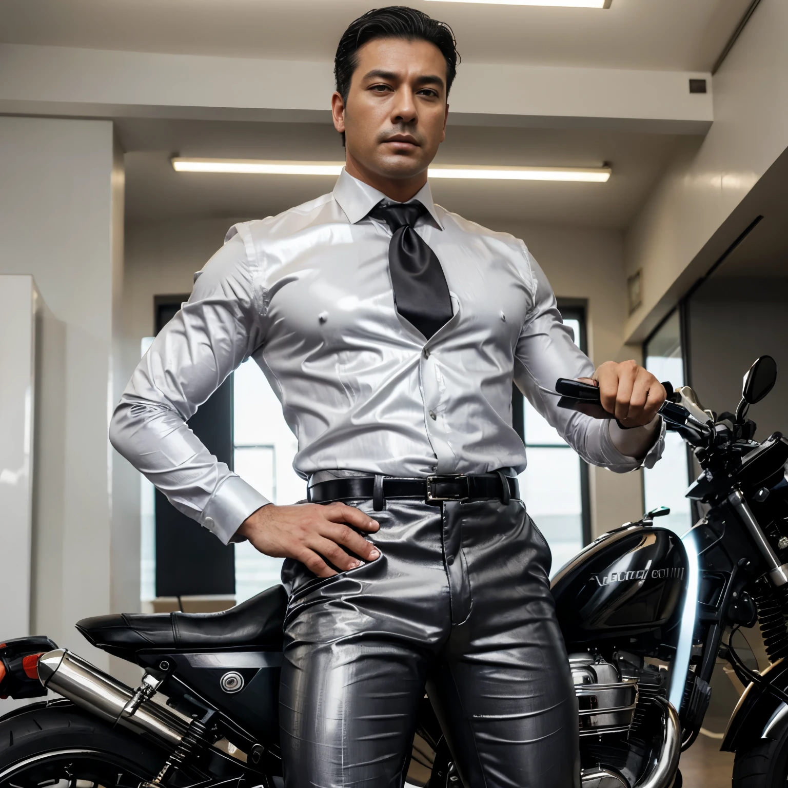 30 years old,daddy,"shiny suit",wear white shirt, very glossy pants, necktie, waistcoat, shiny satin trousers,dark gray satin fabric ,Dad driving a motobike,  k hd,in the office,"big muscle" ,black hair,asia face,masculine,strong man,the boss is,handsome,,leather gloves,lecherous dad,look straight ahead,dad is handsome,dad is handsome, dad is "big horny daddy"