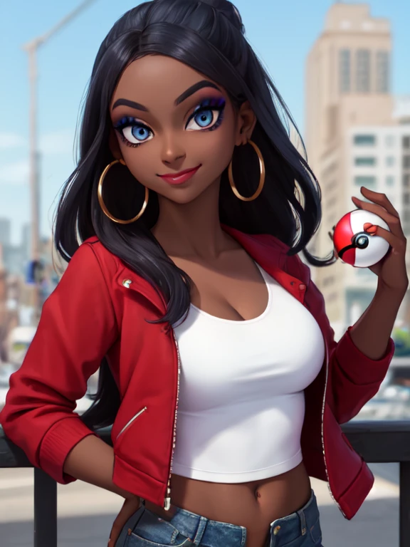 masterpiece, best quality, (Detailed face:1.2), (Detailed eyes:1.2), solo, 1girl, nessacasual, dark skin, makeup, smile, looking at viewer, standing, opened red jacket, white tank-top, ((midriff)), medium breasts, cleavage, tight blue denim pants, belt, hoop earrings, (holding a poke ball:1.3). looking at viewer, looking at the camera with an arrogant smile, standing, outdoors, city street
