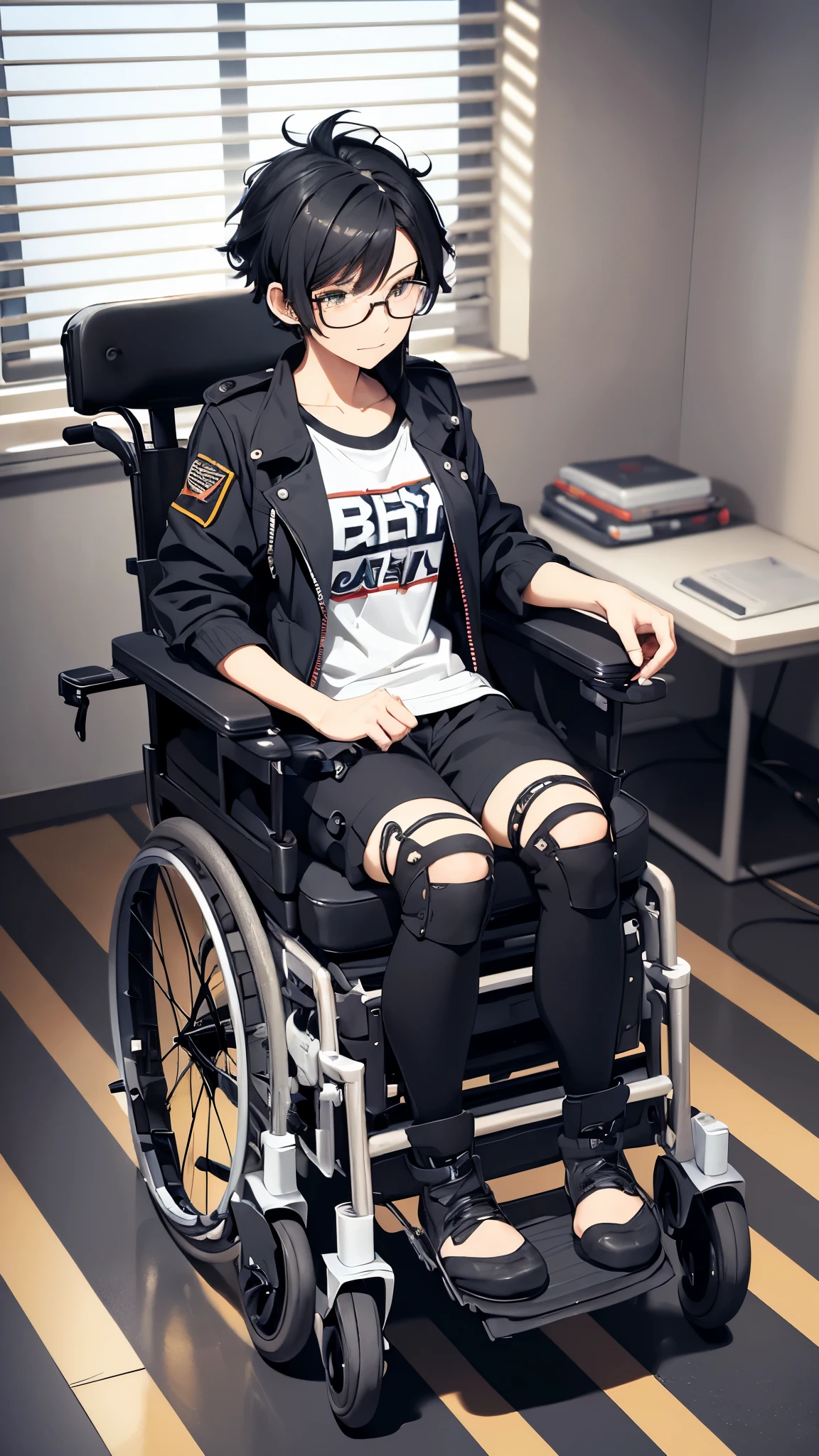 (Very detailed, Realistic), Hospital scene, [Moderate:Oil], [Professional:1.1], [Physically Based Rendering], [Bright colors], [Sharp focus], [Studio Lighting], [Extreme Detail], [highest quality,4K,8k,High resolution,masterpiece:1.2],(whole body),Inside the house,Inside the room,18-year-old girl,((Ride an electric wheelchair1.8)),((Operate a power wheelchair1.8)),((knee pads,Army Boots)),((covering one eye,Ragged short black hair,messy hair)),((she’s wearing glasses)),((scared,despressed,despair,anxiety)),(Subservient laughter),((grin)),((bad mood)),((bad mood)),[Nervous eyes],(jersey jacket),(jersey shorts),((Ride an electric wheelchair1.8)),((Operate a power wheelchair1.8))