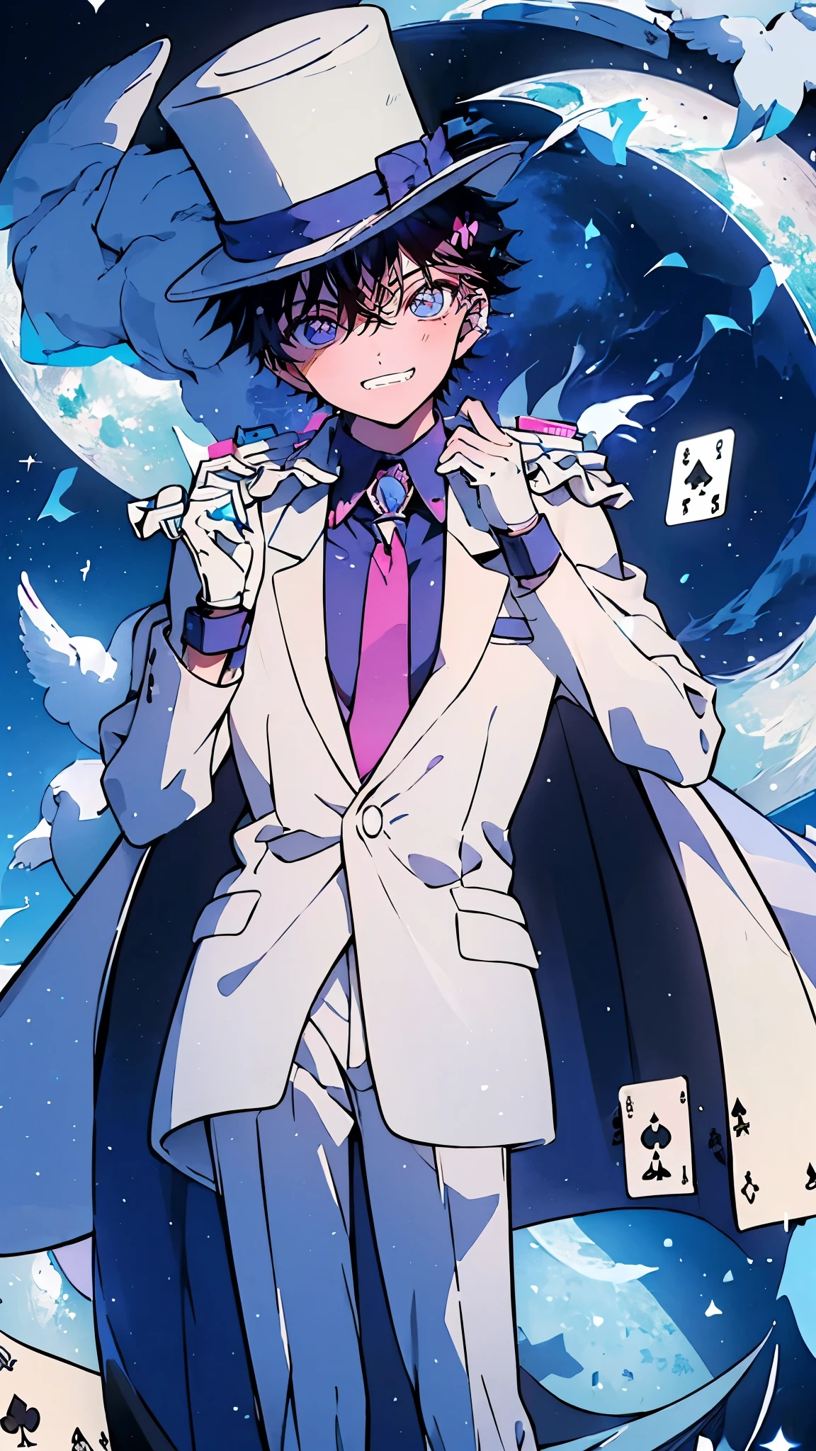(Mastepiece), (Best Quality), Very detailed, (( boy:1.5)), (Full body photography:1.3)、Perfect Face, Beautiful Face, Very detailedな顔,(Black short hair:1.3),(Blue Eyes:1.3)、((White Suit 1.4))、(Blue Shirt)、(Pink tie)、((White Top Hat 1.4))、((White Cape:1.4))、(White Gloves 1.4)、(Monocle 1.3)、(Playing cards 1.3)、(White Moon:1.4)、(Night Sky:1.5)、(White Dove:1.2)、(gem:1.4)、magician、(Toothy smile:1.3)、handcuffs