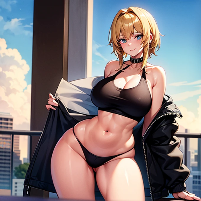 1 female. Half body shot. 22 years in age. 5'4. Slim thick, huge covered perky , tight tank top and jacket, short messy boy hair, blonde hair, collar around her neck, apartment balcony, golden hour, submissive, gentle smile with mischievous look in eyes, look up at me. . Extremely thicc, tomboy