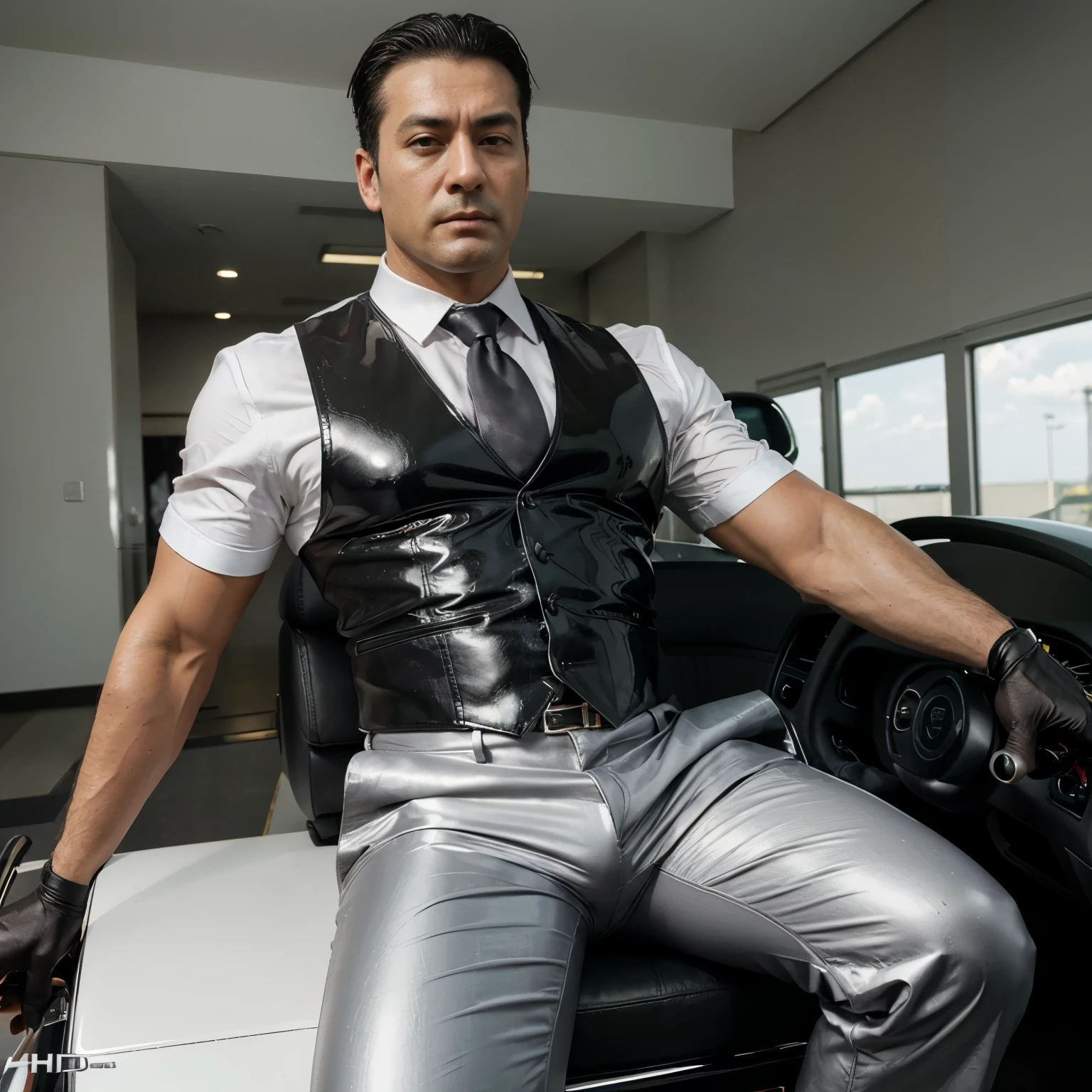 30 years old,daddy,"shiny suit",wear white shirt, very glossy pants, necktie, waistcoat, shiny satin trousers,dark gray satin fabric ,Dad driving a motobike,  k hd,in the office,"big muscle" ,black hair,asia face,masculine,strong man,the boss is,handsome,,leather gloves,lecherous dad,look straight ahead,dad is handsome,dad is handsome, dad is "big horny daddy"