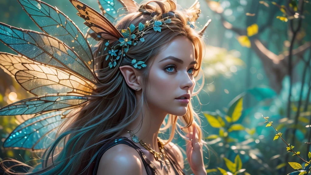 Beautiful faerie woman, elf ear, flying, holographic dragonfly wings, glowing blue eyes, detailed proportional hands, proportional body, firm breast, frank Frazzetta painting style, (Best Quality:1.4), (Ultra-detailed), (extremely detailed CG unified 8k wallpaper), Highly detailed, RAW Photos, Professional Photography, plein air, Illumination, (Super fancy photos:1.4), (Dazzling light), Radiant Photography, depth of fields