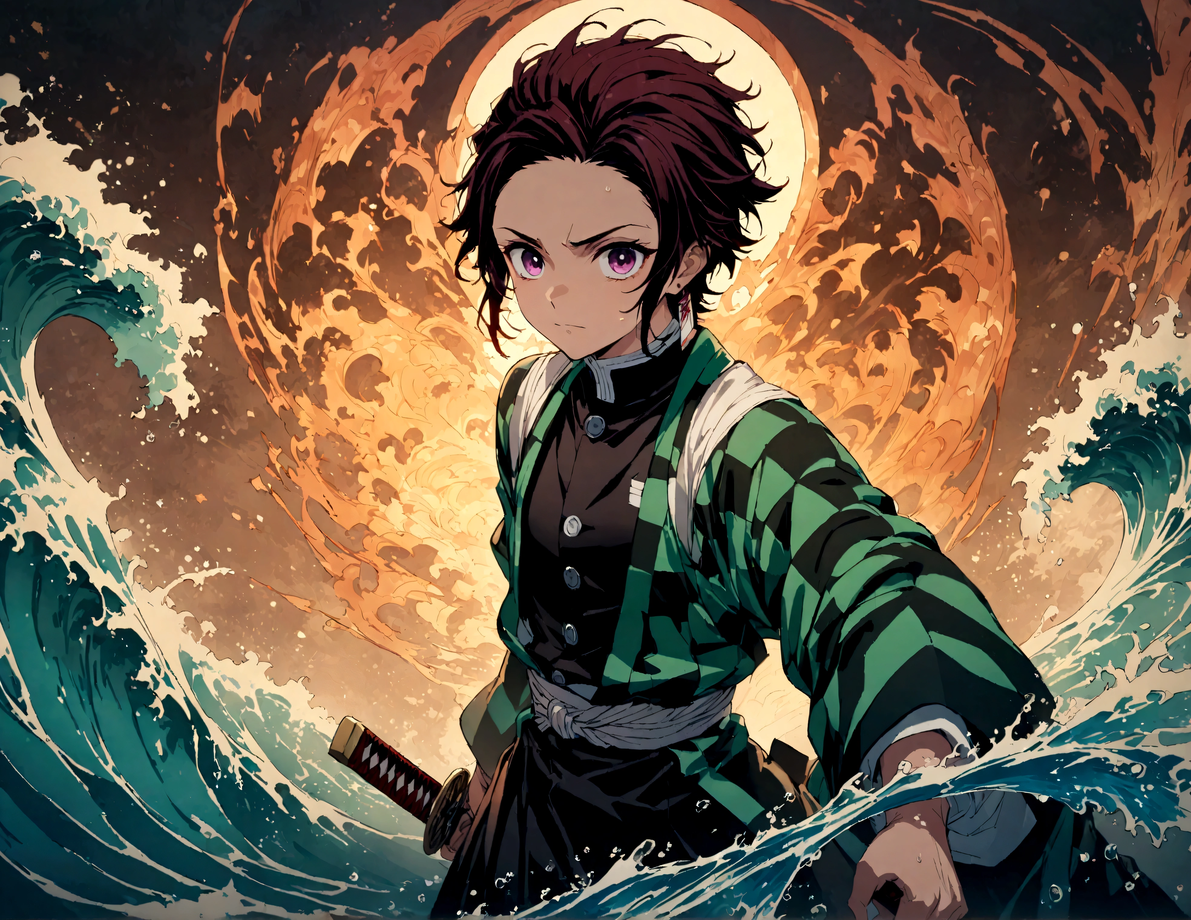 (1 male,tanjiro kamado),Demon slayer,Tanjiro'Costume,Lifting a Japanese sword,Water flow effect,Fire effect,Intricate details,,Decadent,artwork,rendering,Dynamic pose,(masterpiece:1.3),(highest quality:1.4),(Very detailed:1.5),High resolution,Very detailed,unity 8k wallpaper,Dark fantasy,,Glare,Fighting Style,Sense of presence,Draw artistic background,(Engraving Japanese-style patterns:water:Wave:流water),Gold Leaf,Glare,Absurd,Zentangle,rendering,Hopeless shape,Looking into the camera,BREAK,Japanese swords are straight, slender, and have a metallic luster.,Please hold the Japanese sword by the handle