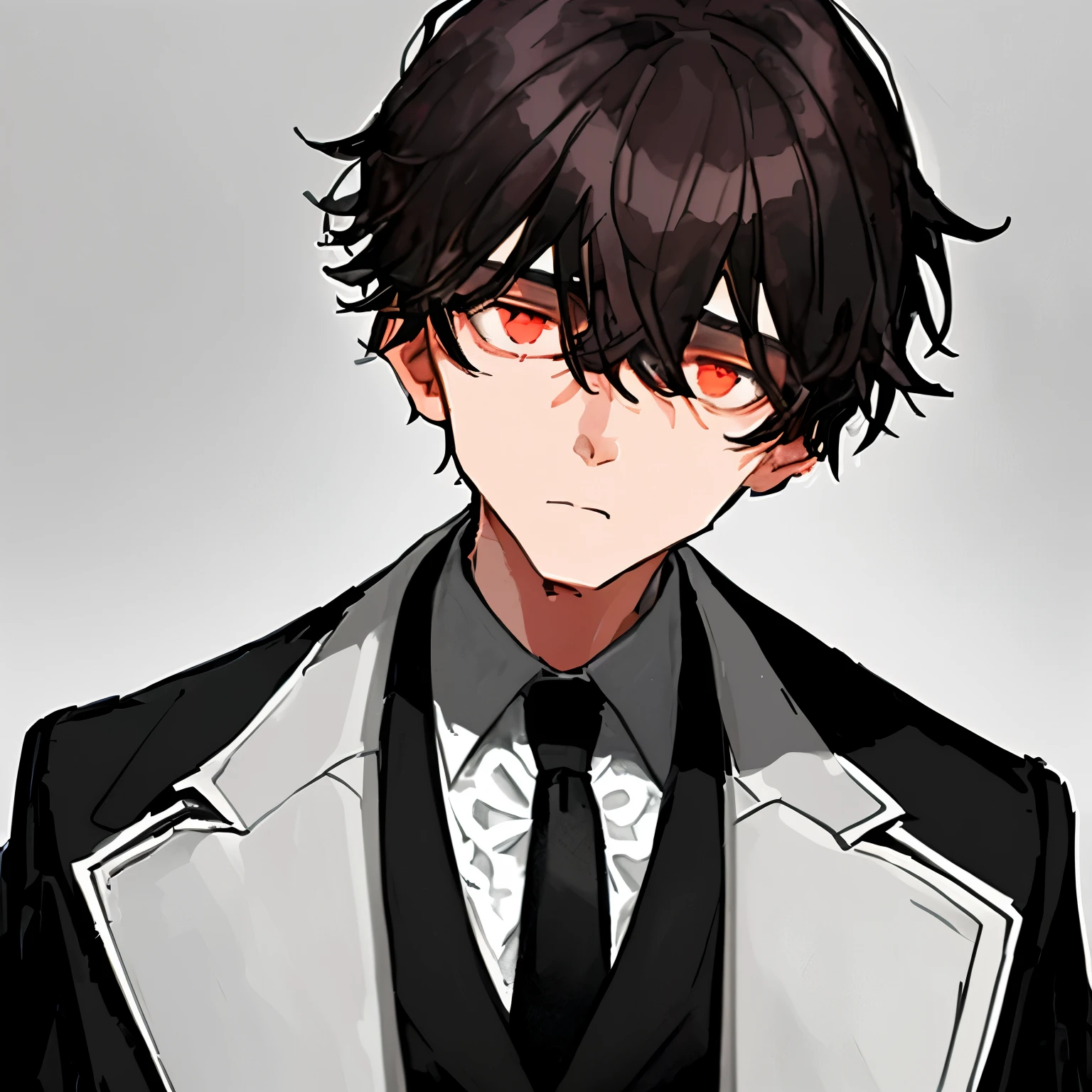 1boy, dark_brown_hair, face_framing_hair, black_overcoat, white_coat, black_necktie, lazy_eyes, calm_face