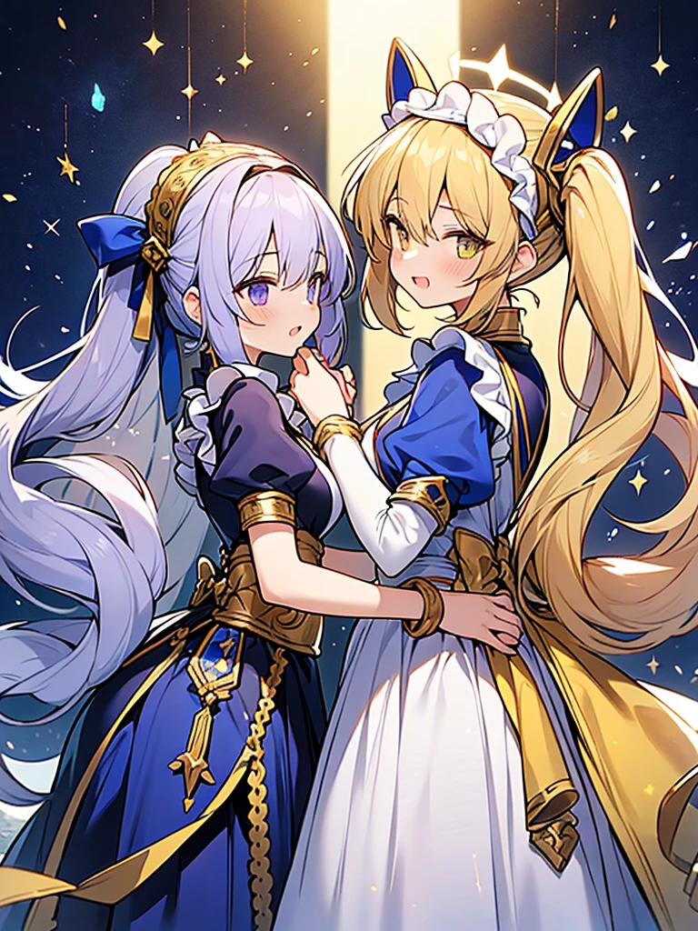 2people,mistress and squire girl,yuri couple,
1/2 people : (mistress goddess) wearing ((Gold and lapis lazuli dress)) gold hors halo with ((silver twintail hair)),
// and //
2/2 people : servant Ninshubur wearing maid uniform frilly headband with light purple long hair,