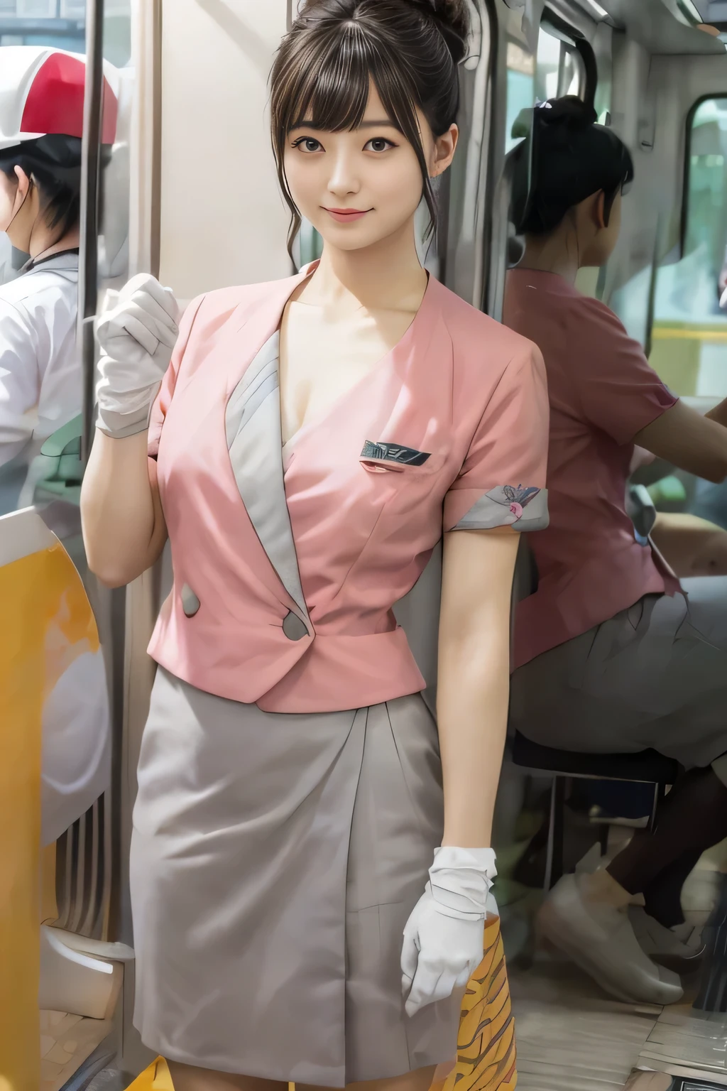 (masterpiece:1.2, highest quality:1.2), 32K HDR, High resolution, (alone、1 girl)、(On the rooftop of a building in the daytime、Professional Lighting)、Building rooftop background、(Nankai train crew uniform pinkを着たリアルスタイル)、(Nankai train crew uniform pink short sleeve pink jacket、Nankai Train Crew Uniform Pink Collarless Short Sleeve Blouse、Nankai Train crew uniform pinkのグレー色のキュロットスカート)、Dark brown hair、(Hair tied up、Hair Bun、Hair Bun)、Dark brown hair、Long Shot、Big Breasts、Thin legs、((Great hands:2.0)),((Harmonious body proportions:1.5)),((Normal limbs:2.0)),((Normal finger:2.0)),((Delicate eyes:2.0)),((Normal eyes:2.0)))、smile、(Nankai Train crew uniform pinkのグレー色のキュロットスカートを見せた美しい歩く姿)、Keep your hands natural、