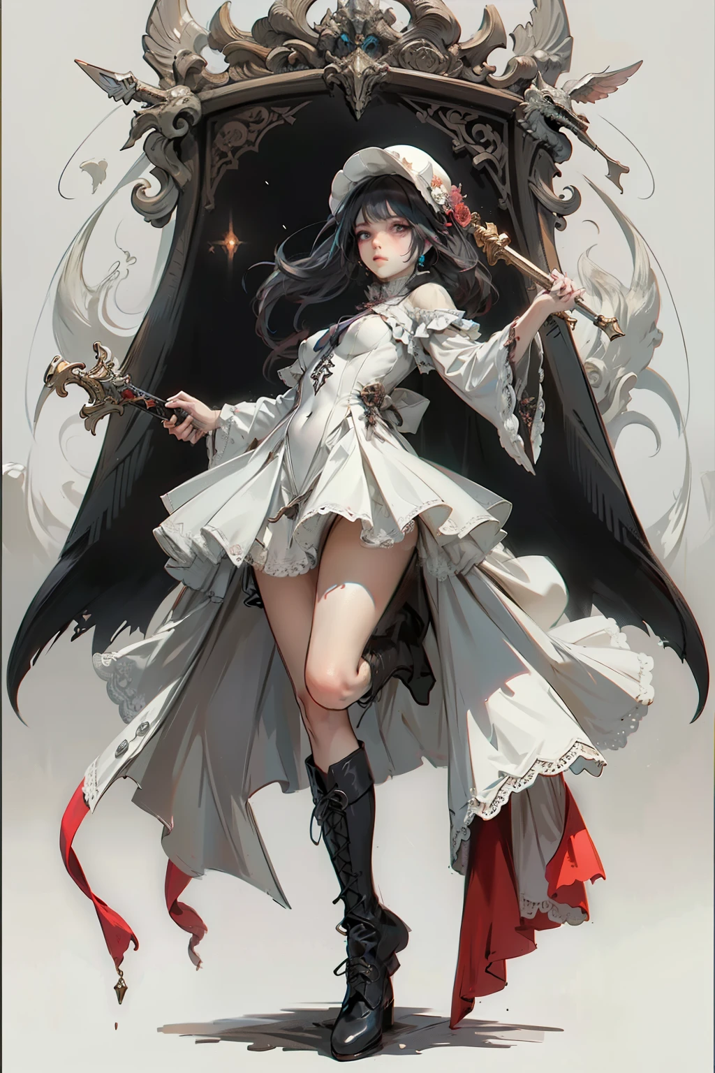 ((best quality)), ((masterpiece)), (detailed), blank white background, plain background, white background, red and white clothing, Bloodborne inspired, occult aesthetic, occult, detailed and intricate steampunk and detailed gothic, NSFW, Very dramatic and cinematic lighting, cosmic horror, grim-dark, side-lighting, perfect face, NSFW, Fluttering lace flared long knee length dress with frilly petticoats, knee length dress, pleated petticoats, ta dress, petticoats gothic lolicomplex lace boots, wielding a sword and holding a shield, side-lighting, gothic lolita aetic, NSFW, beautiful small breasts, small breasts, full body, whole body, body, plain background, white background, blank background, no background, white background NSFW, full body, whole body, head-to-toe NSFW