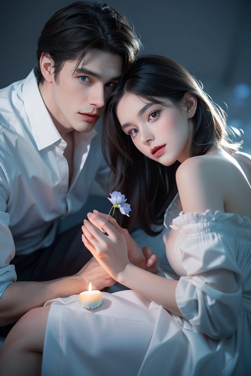 Modern. Russian couple. Masculie man (mature) and beautiful girl (innocent). Dress neatly, elegant. Dark hair color. Very deatiled face. pretty eyes (perfect eyes). 8K resolution. Masterpiece. Romantic, love, glowing light. Look at the viewer. Blue petals. Pastel color.