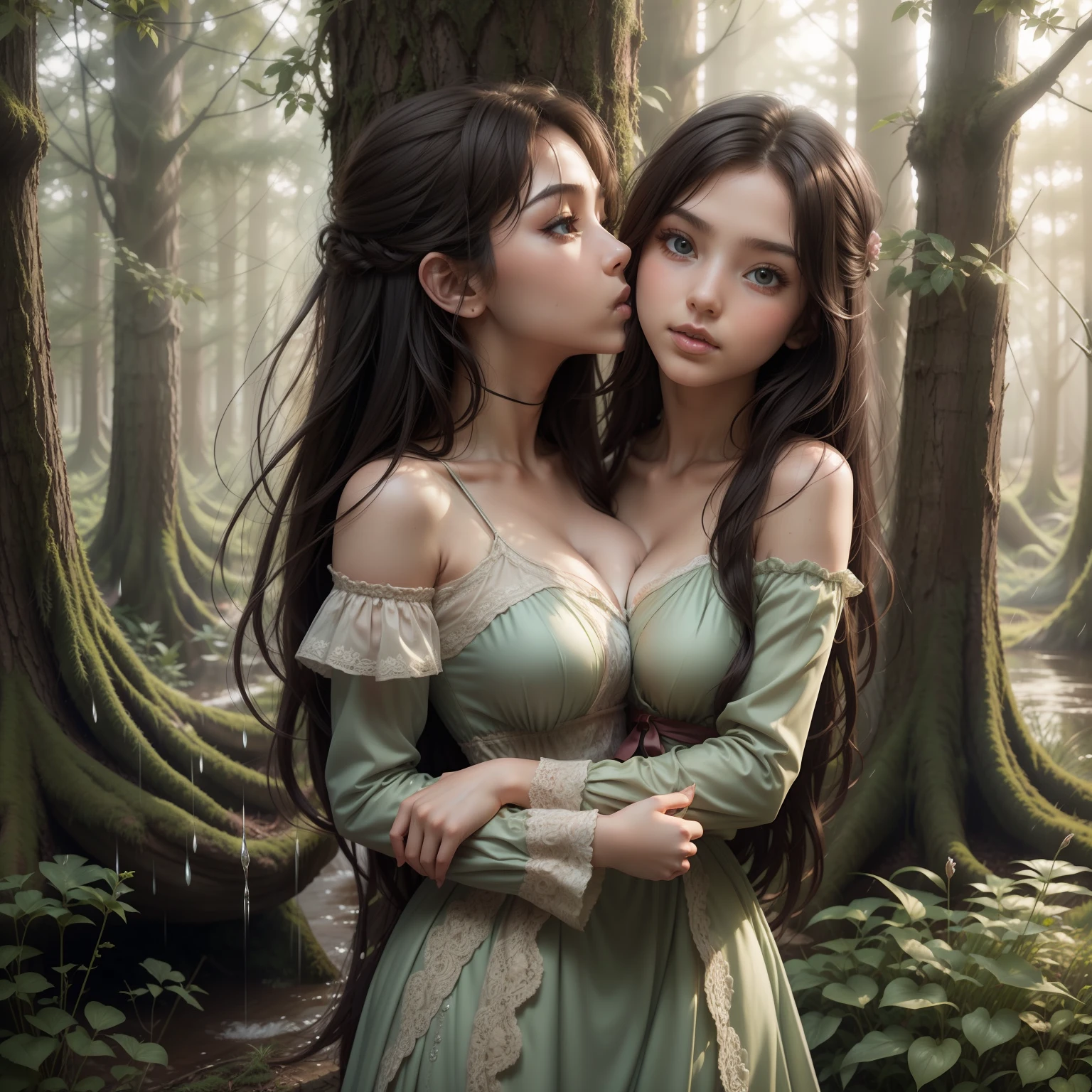 Kiss knight maiden holding princess together forest rain, (two heads), full body