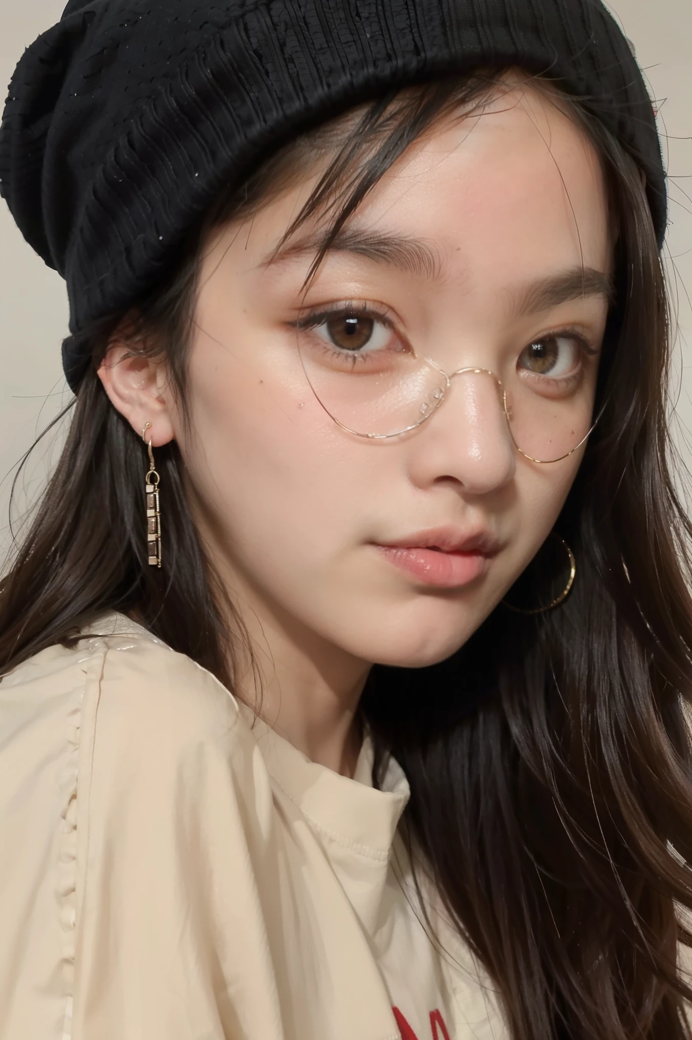 1girl, solo, long hair, black hair, written clothes, brown eyes, looking at the viewer, beanie, lips, upper body, closed mouth, shirt, earrings, https://i.postimg.cc/tCDfNDvp/Screenshot-20230606-212445.png
