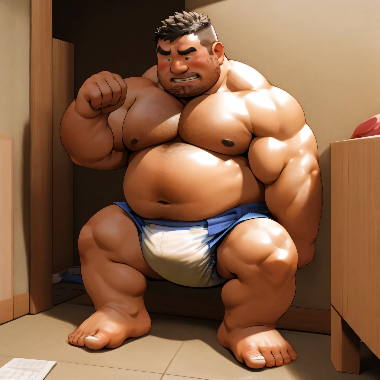 masterpiece, Top quality, in 32K, perfect anatomy, hyper detailed, super fine illustration, The thick man is a brutal prisoner, retarded, hairy, human, 50yo in japan, (fatness: 1.0), Fatty muscle, Bowleg, disappointment, incontinent, be diaper check by children, There is a small puddle under him, Naked, short legs, Bowleg, spread legs, wear a White cloth Diaper, Bare belly, Bare legs, Bare foots, Bare soles, Shirtless, wide forehead and short thinning hair, Man with round  face with stubble, Bare foots, Bare soles, shy, sissy, Weaker than children, Drool, Round face, He enters  and is despised by children, He is made to stand attention in the corner of the playroom, corner time, He surrounded by children, Bare foots, big butt, White Diaper, sobbing, There is a small puddle under him