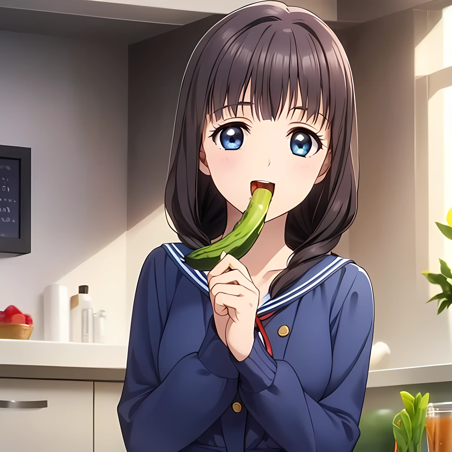 (highest quality, masterpiece:1.2), highest quality, High resolution, 1080p, 8K, Game heroine CG, Height: 158cm, ((A beautiful game heroine is eating a sweet cucumber with relish.)), A face that everyone loves, Glossy lips, Even bangs, Double, Long eyelashes on both the top and bottom, Smiling blue eyes, The very large and thick yellow ribbon bowtie is very cute., ((Black Hair)), Beautiful, shiny, long braids, ((A long, neat, dark navy pleated skirt)), (((A long-sleeved navy blue sailor uniform for winter, all dark blue in color))), ((Navy blue jacket)), Smiling, slightly open mouth like a game heroine, Ribbon in hair, Tight waist, The background is a blank white space, ((Blur the background))