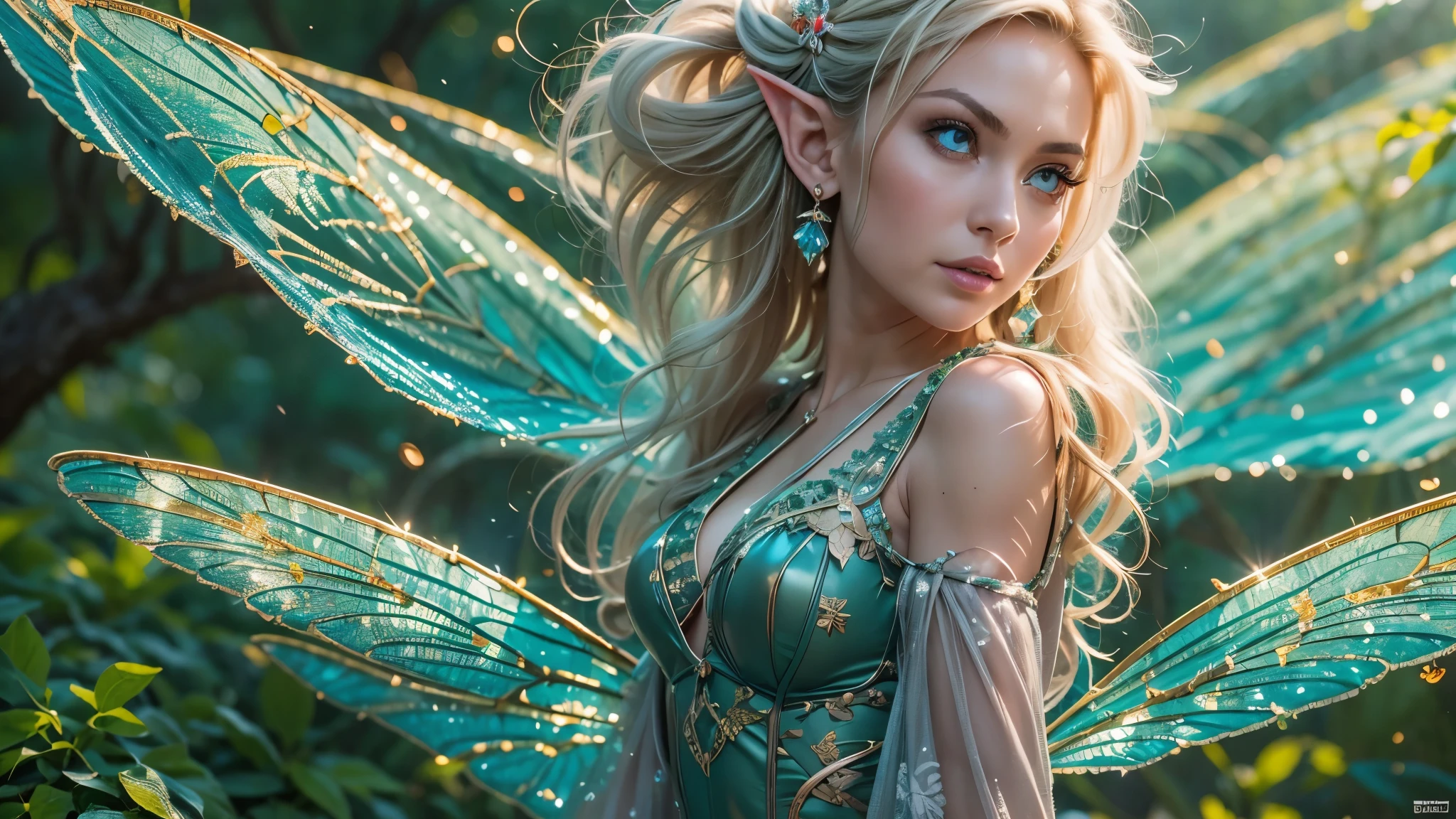 Beautiful faerie woman, elf ear, flying, centered holographic dragonfly wings, glowing blue eyes, detailed proportional hand, proportional body, firm breast, silk tutu, frank Frazzetta painting style, (Best Quality:1.4), (Ultra-detailed), (extremely detailed CG unified 8k wallpaper), Highly detailed, RAW Photos, Professional Photography, plein air, Illumination, (Super fancy photos:1.4), (Dazzling light), Radiant Photography, depth of fields