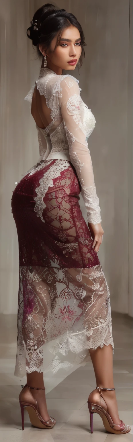A detailed, high-quality, beautiful Javanese girl with an updo bun hairstyle, wearing a white transparent lace kebaya, a red skirt with a geometric pattern, and red high heels, showcasing a perfect, slim figure with a beautiful, curvaceous body and an attractive, shapely backside, (best quality,4k,8k,highres,masterpiece:1.2),ultra-detailed,(realistic,photorealistic,photo-realistic:1.37),detailed eyes,detailed lips,extreme detailed face,longeyelashes,cinematic lighting,vibrant colors,intricate details,elegant,graceful,cinematic composition,fashion photography style