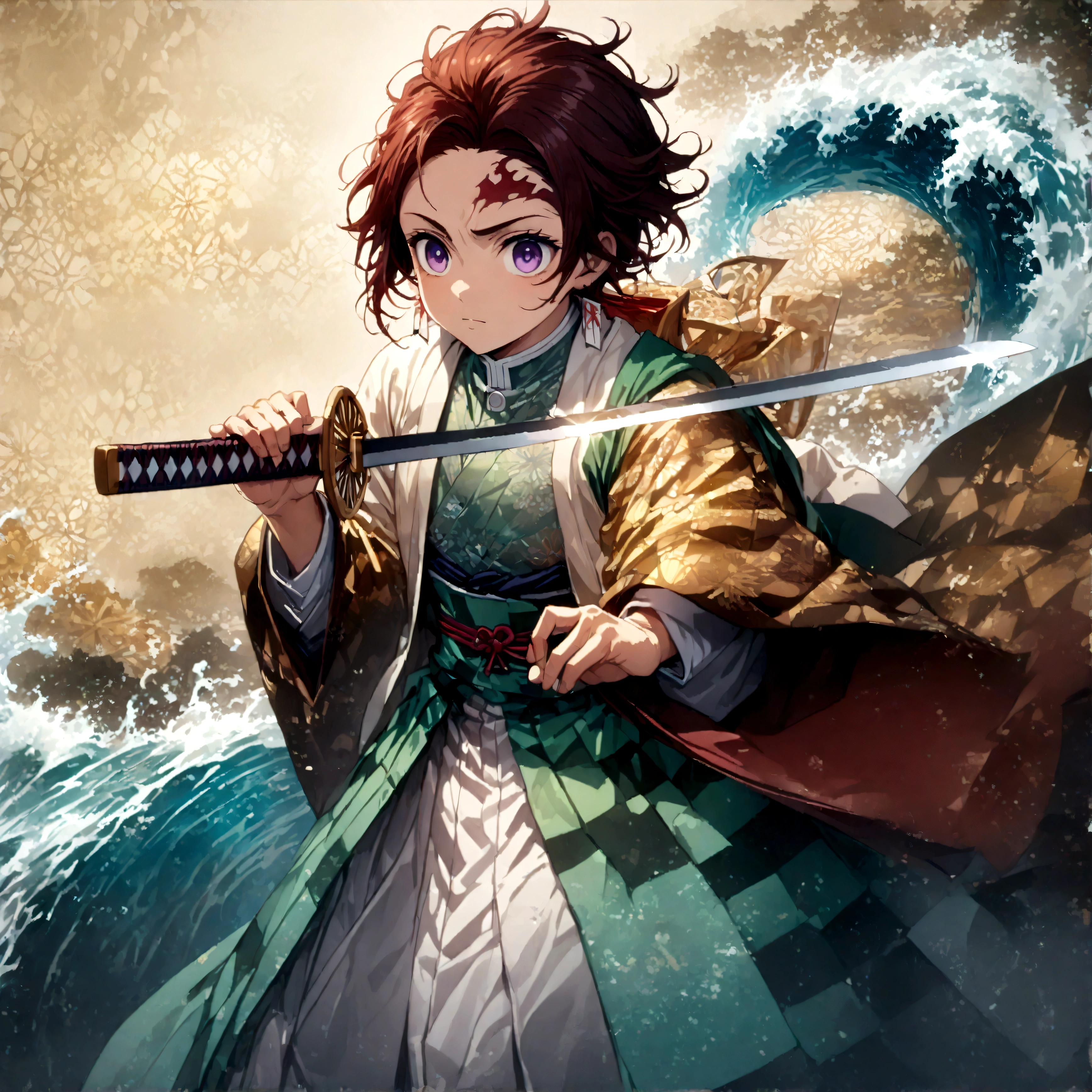 (1 male,tanjiro kamado),Demon slayer,Tanjiro&#39;Costume,Holding a Japanese sword,Water flow effect,Fire effect,Intricate details,spirit,Decadent,artwork,rendering,Dynamic pose,(masterpiece:1.3),(highest quality:1.4),(Very detailed:1.5),High resolution,Very detailed,unity 8k wallpaper,Dark fantasy,,Glare,Fighting Style,Sense of presence,Draw artistic background,(Engraving Japanese-style patterns:water:Wave:流water),Gold Leaf,Glare,Absurd,Zentangle,rendering,Hopeless shape,Looking into the camera,BREAK,Japanese swords are straight, slender, and have a metallic luster.,Please hold the Japanese sword by the handle