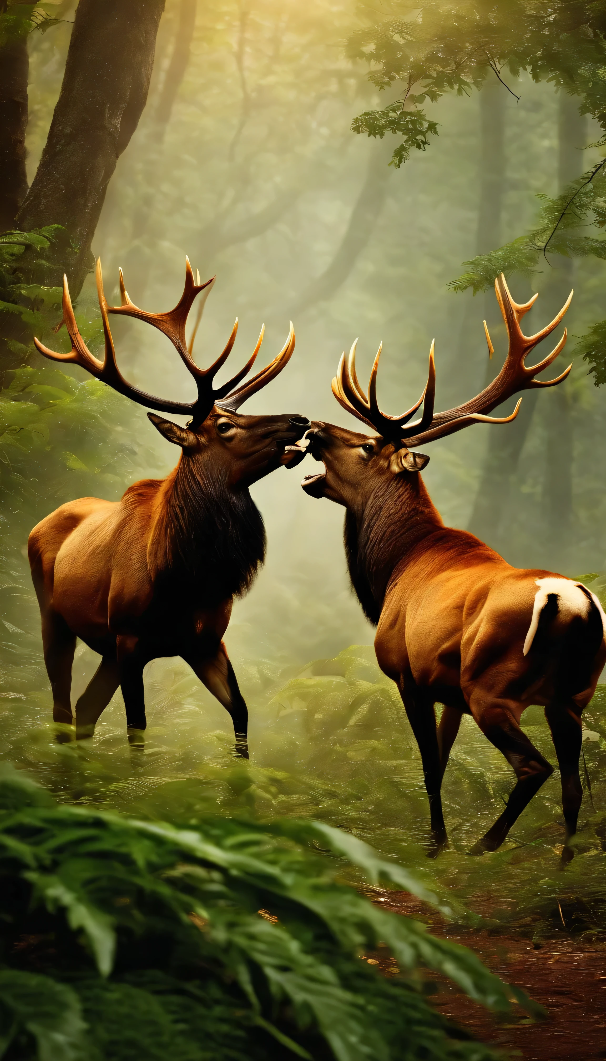 Elks dangerously fighting in the jungle