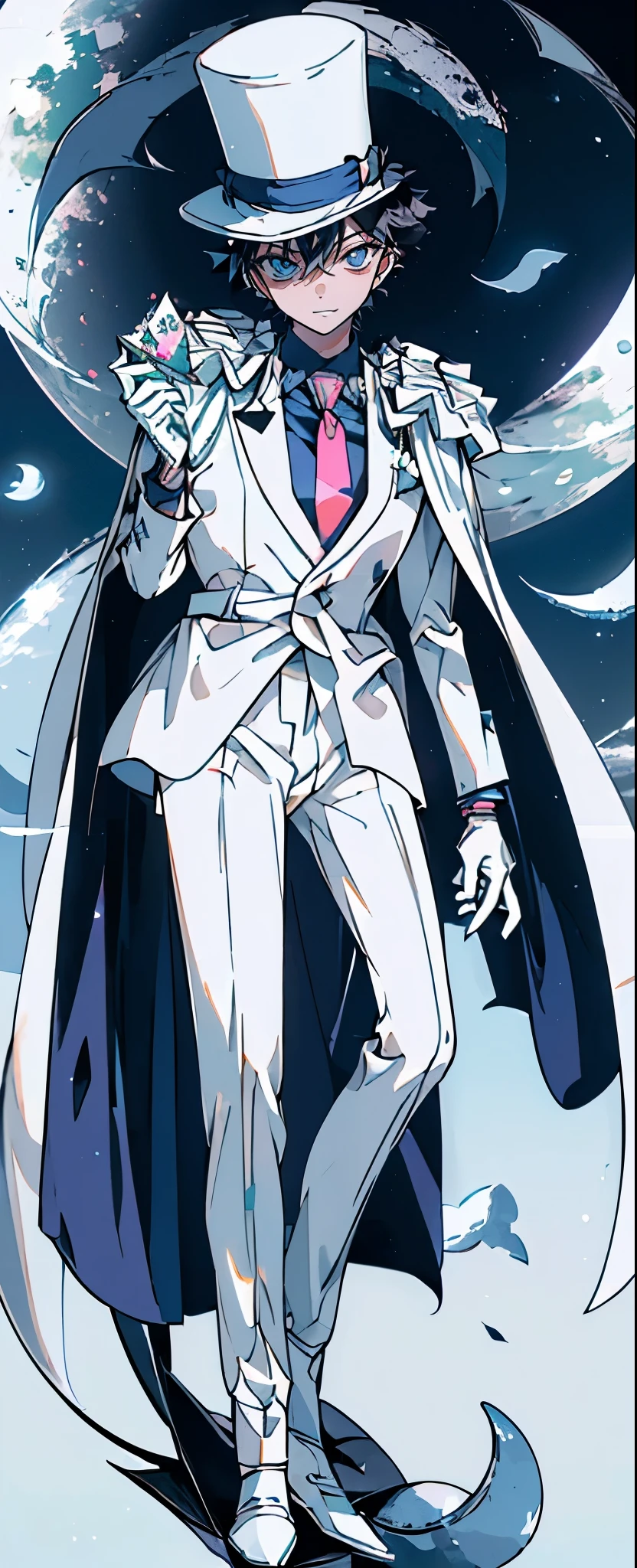 (Mastepiece), (Best Quality), Very detailed, ((17 year old boy:1.5)), (Full body photography:1.3)、Perfect Face, Beautiful Face, Very detailedな顔,(Black short hair:1.3),(Blue Eyes:1.3)、((White Suit 1.4))、(Blue Shirt)、(Pink tie)、((White Top Hat 1.4))、((White Cape:1.4))、(White Gloves 1.4)、(Monocle 1.3)、(Playing cards 1.3)、(White Moon:1.4)、(Night Sky:1.5)、(White Dove:1.2)、(gem:1.4)、magician、(Toothy smile:1.3)、handcuffs
